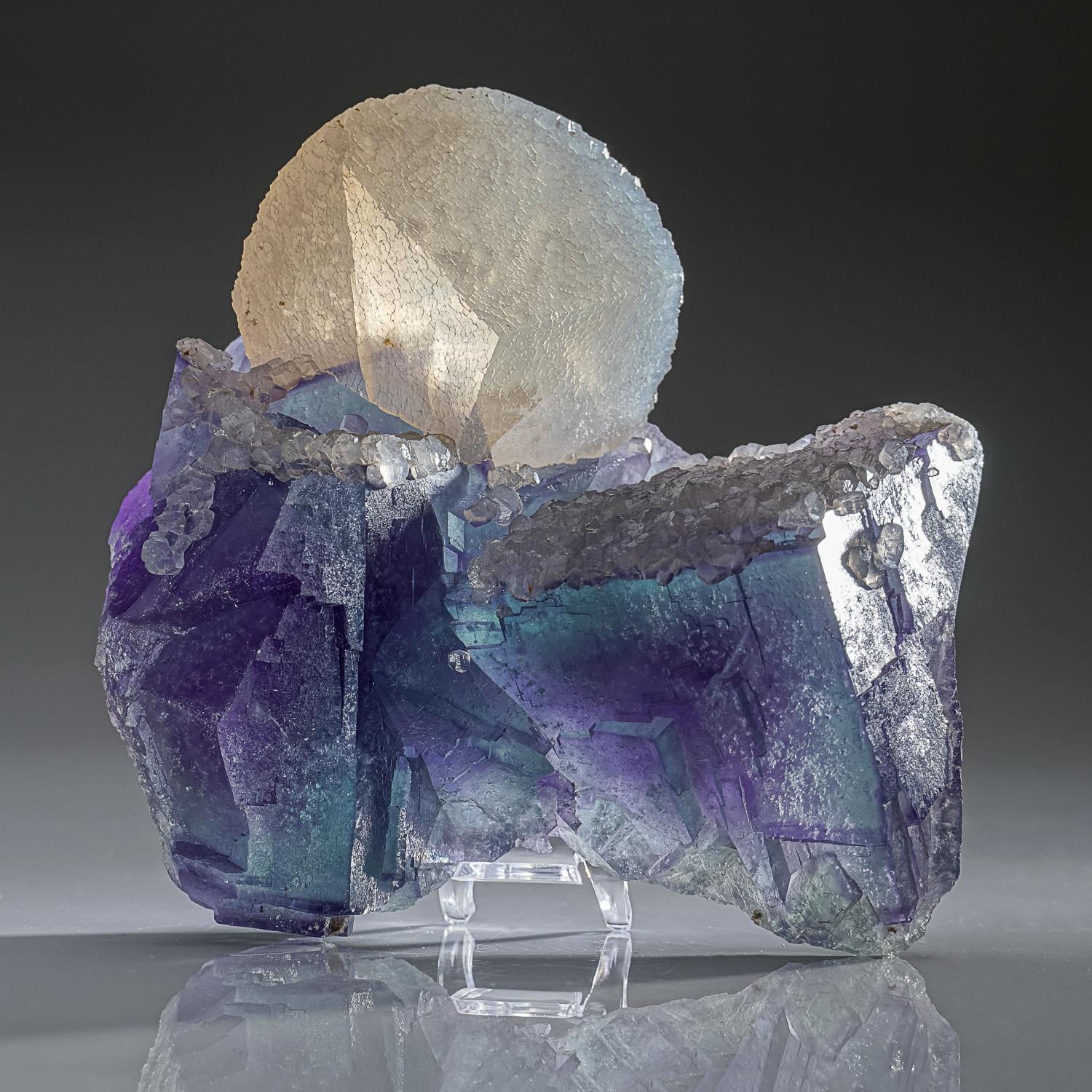 Calcite on Purple Fluorite from Xianghualing-Xianghuapu Mines, Hunan, China 1