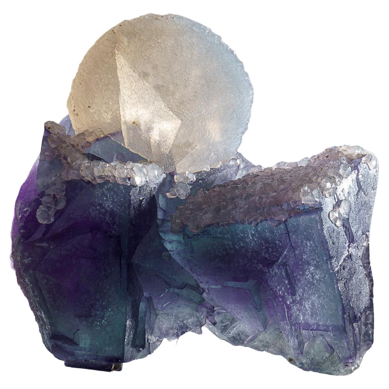 Calcite on Purple Fluorite from Xianghualing-Xianghuapu Mines, Hunan, China