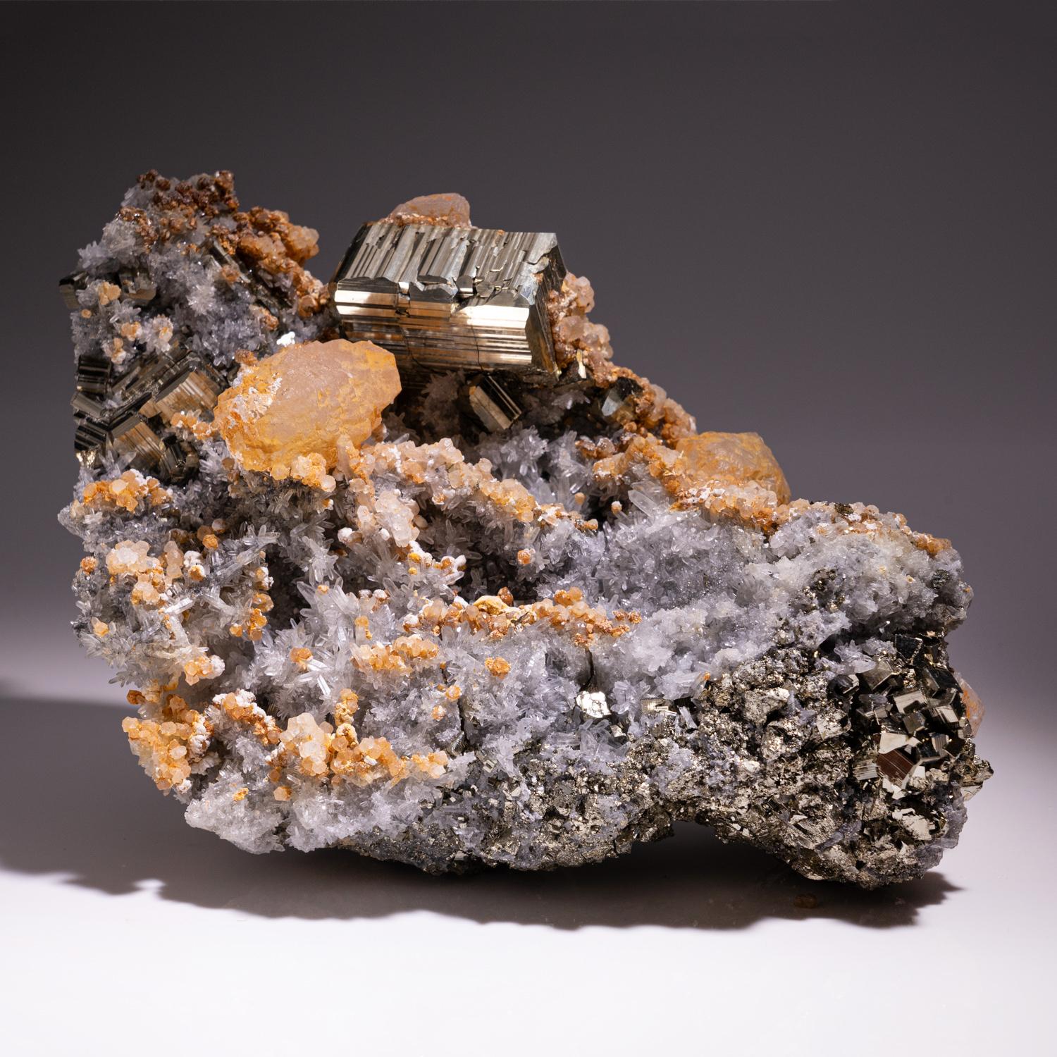 Peruvian Calcite on Pyrite with Quartz from Huaron District, Cerro de Pasco Province Peru For Sale