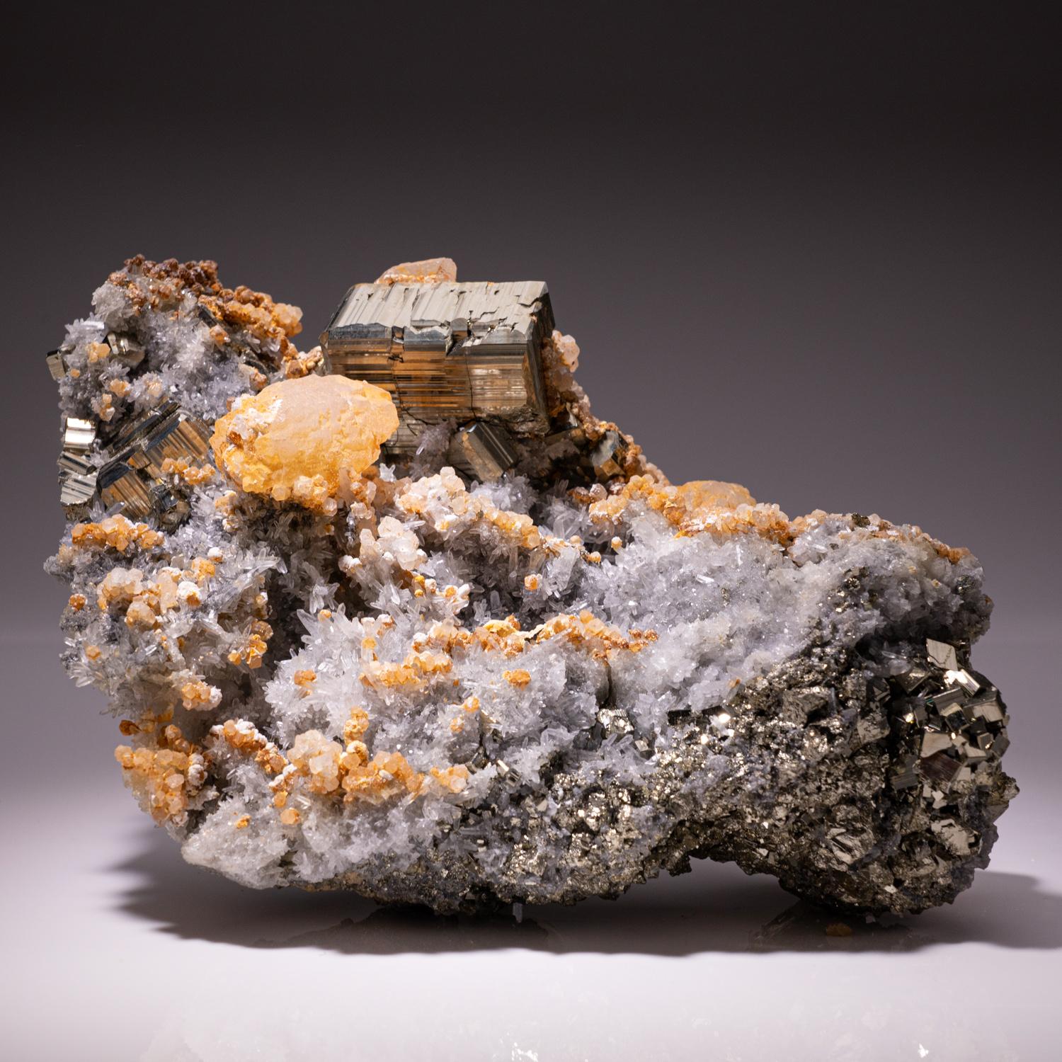 Calcite on Pyrite with Quartz from Huaron District, Cerro de Pasco Province Peru In New Condition For Sale In New York, NY