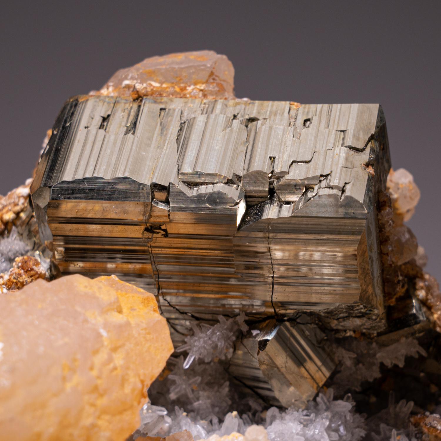 Contemporary Calcite on Pyrite with Quartz from Huaron District, Cerro de Pasco Province Peru For Sale