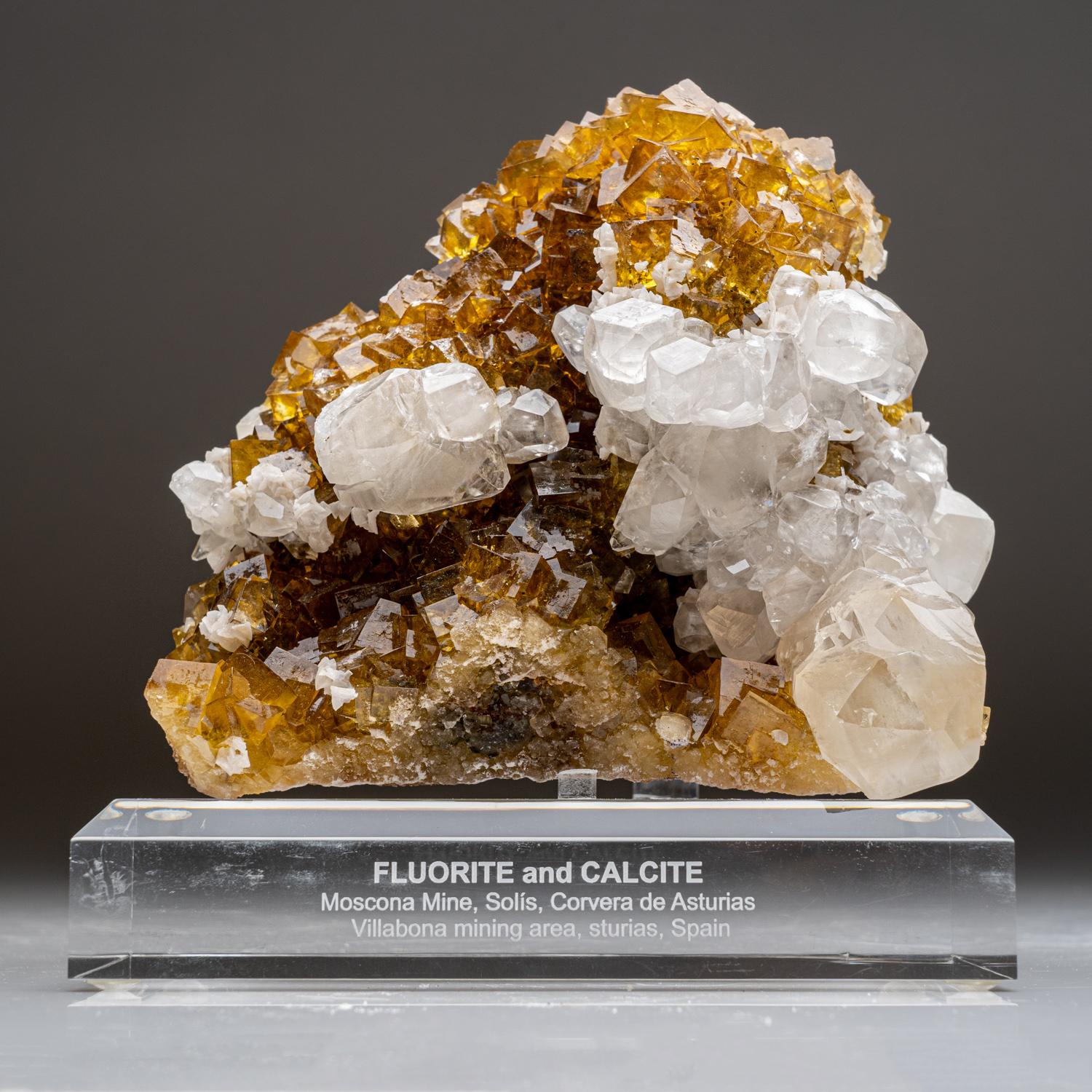 Calcite Mineral on Yellow Fluorite From Asturias, Spain For Sale 4
