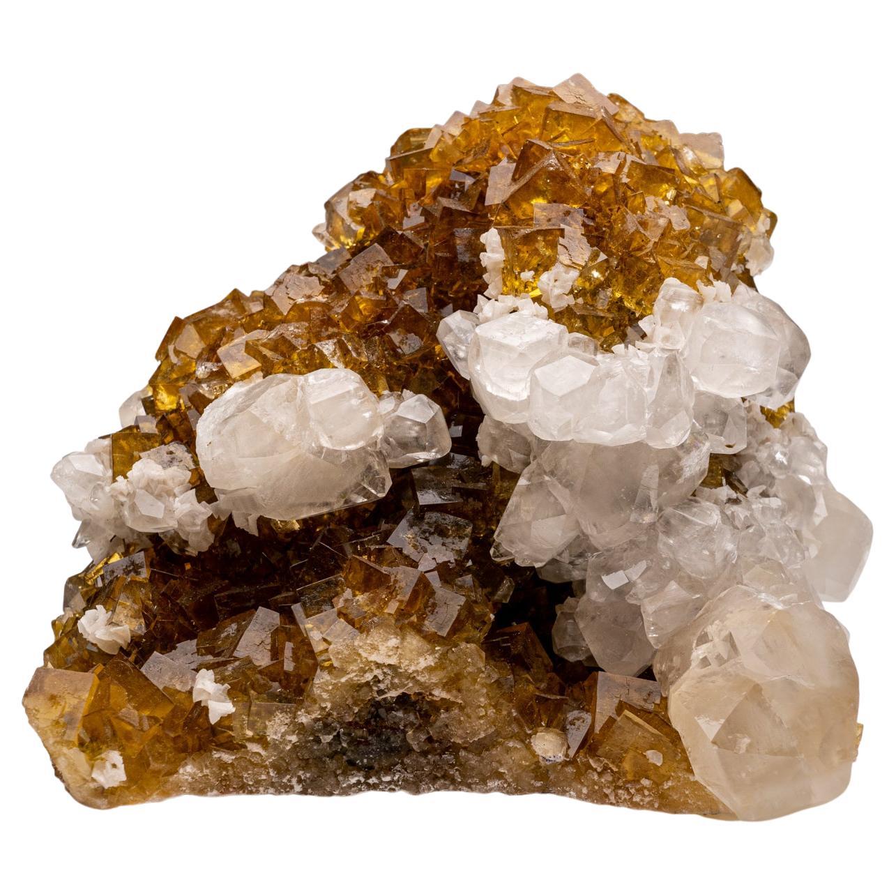 Calcite Mineral auf gelbem Fluorit aus Asturias, Spanien