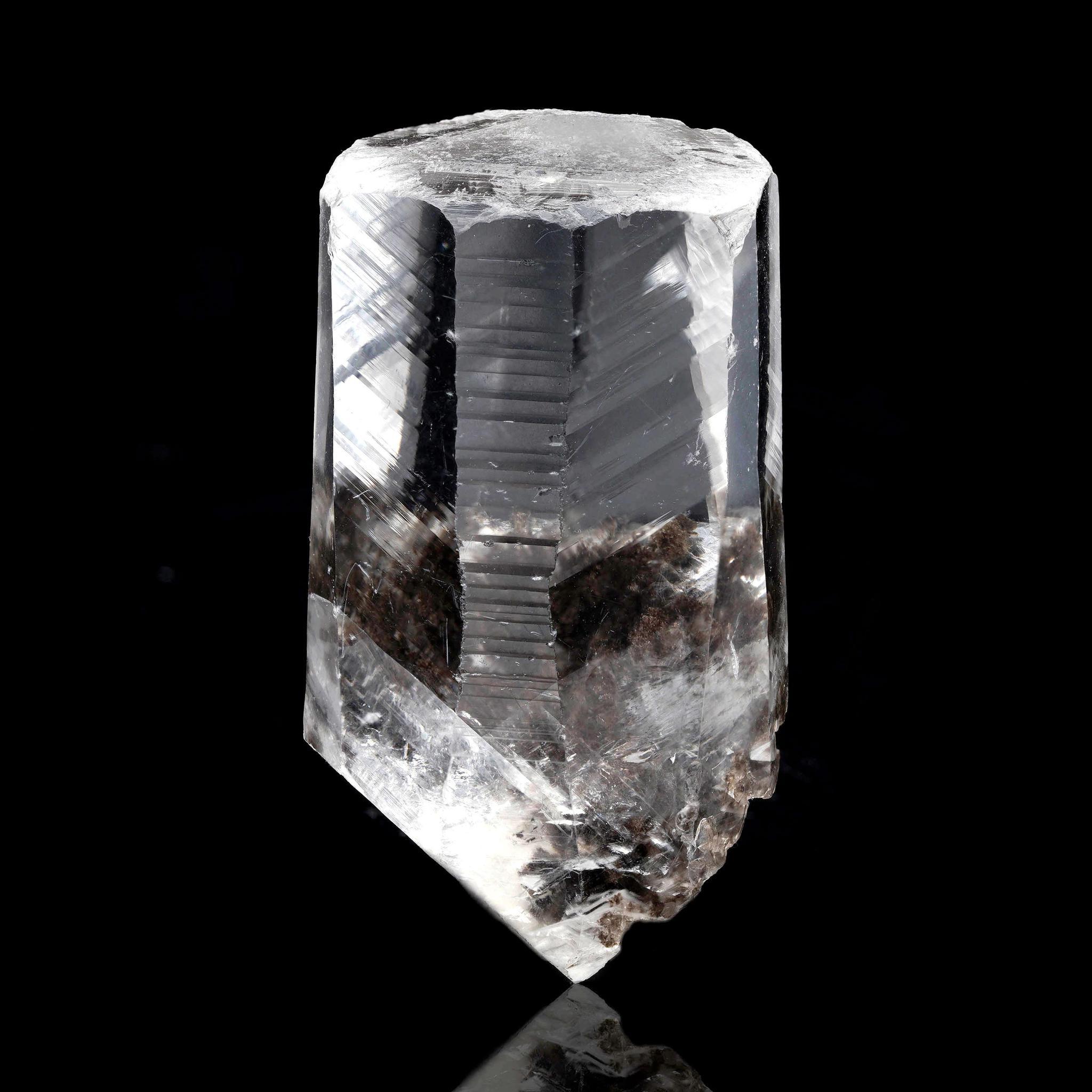 Questo splendido cristallo di calcite mostra sorprendenti inclusioni dendritiche di ossidi di manganese, che creano un intricato e unico motivo ad albero all'interno della matrice trasparente del cristallo. La sua eccezionale limpidezza e il suo