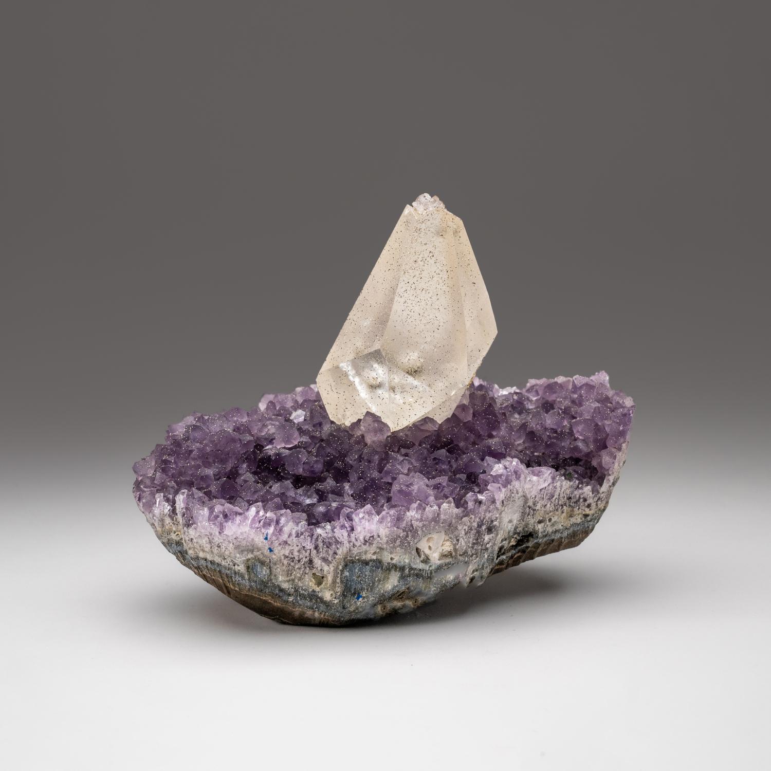 Calcite with Pyrite on Amethyst from San Eugenio, Artigas Dept., Uruguay For Sale 7