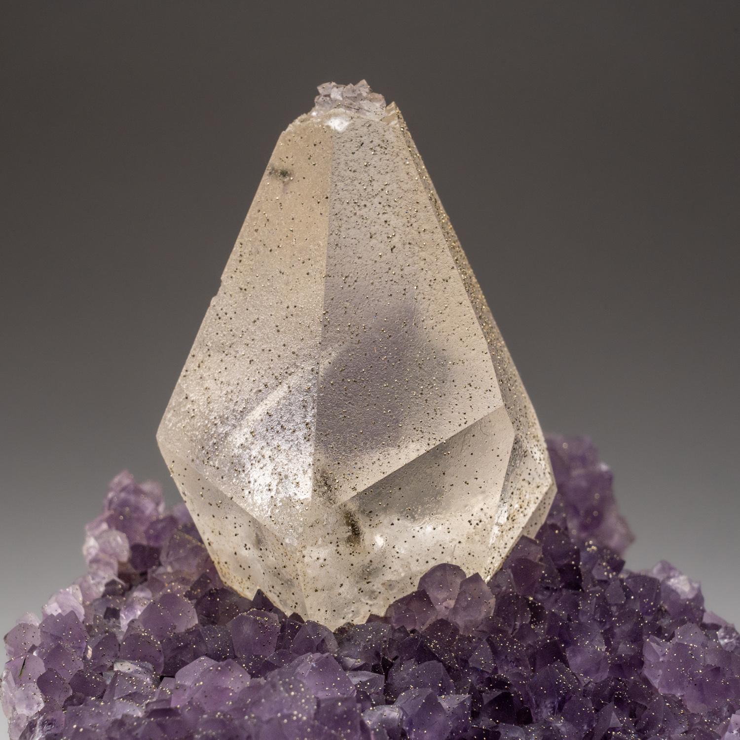 Calcite with Pyrite on Amethyst from San Eugenio, Artigas Dept., Uruguay In New Condition For Sale In New York, NY