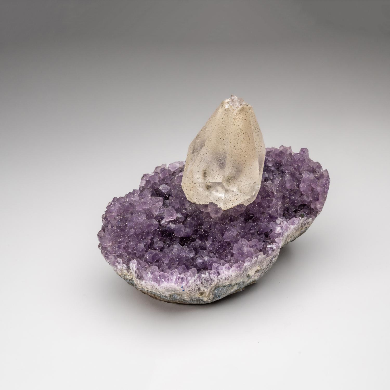 Calcite with Pyrite on Amethyst from San Eugenio, Artigas Dept., Uruguay For Sale 1