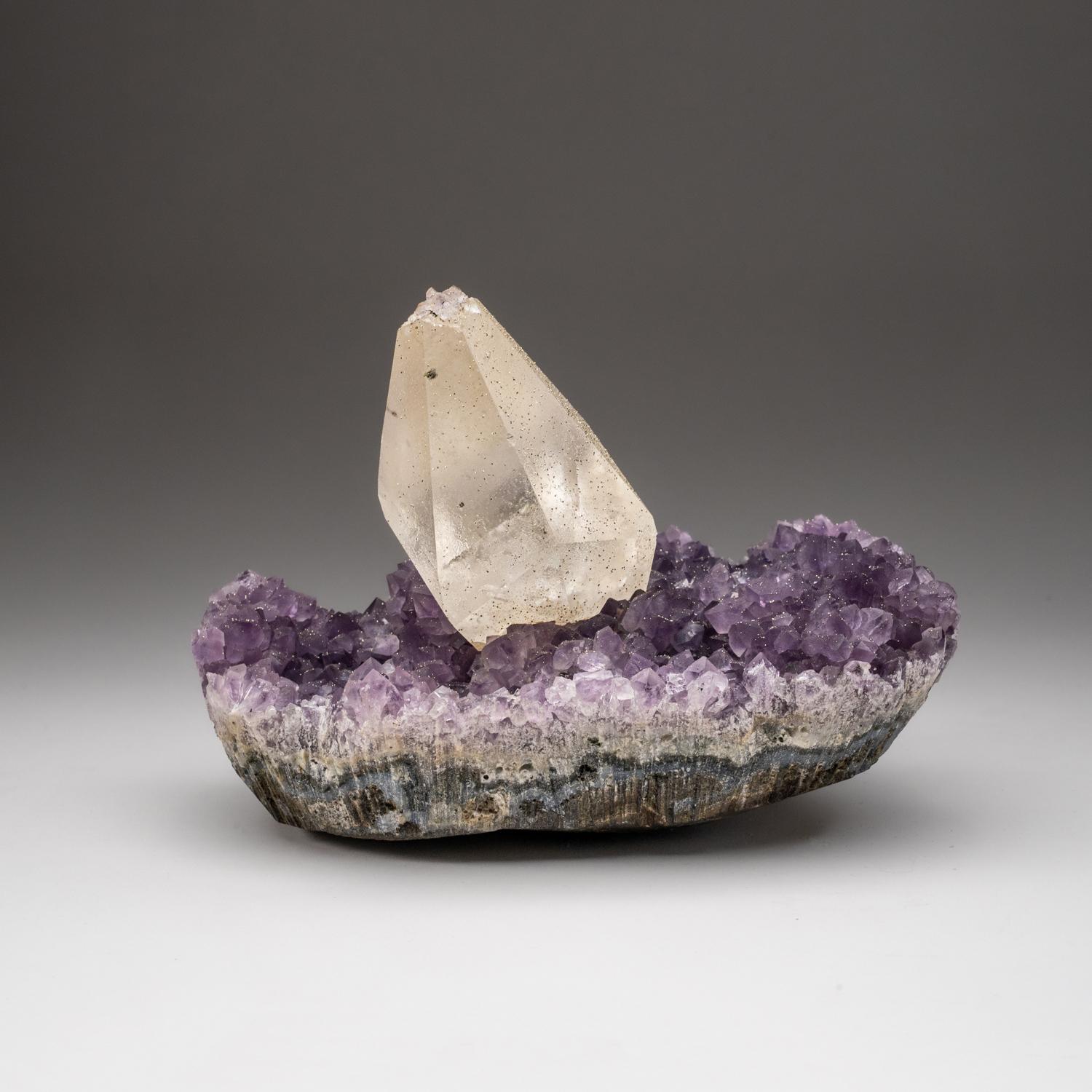 Calcite with Pyrite on Amethyst from San Eugenio, Artigas Dept., Uruguay For Sale 2