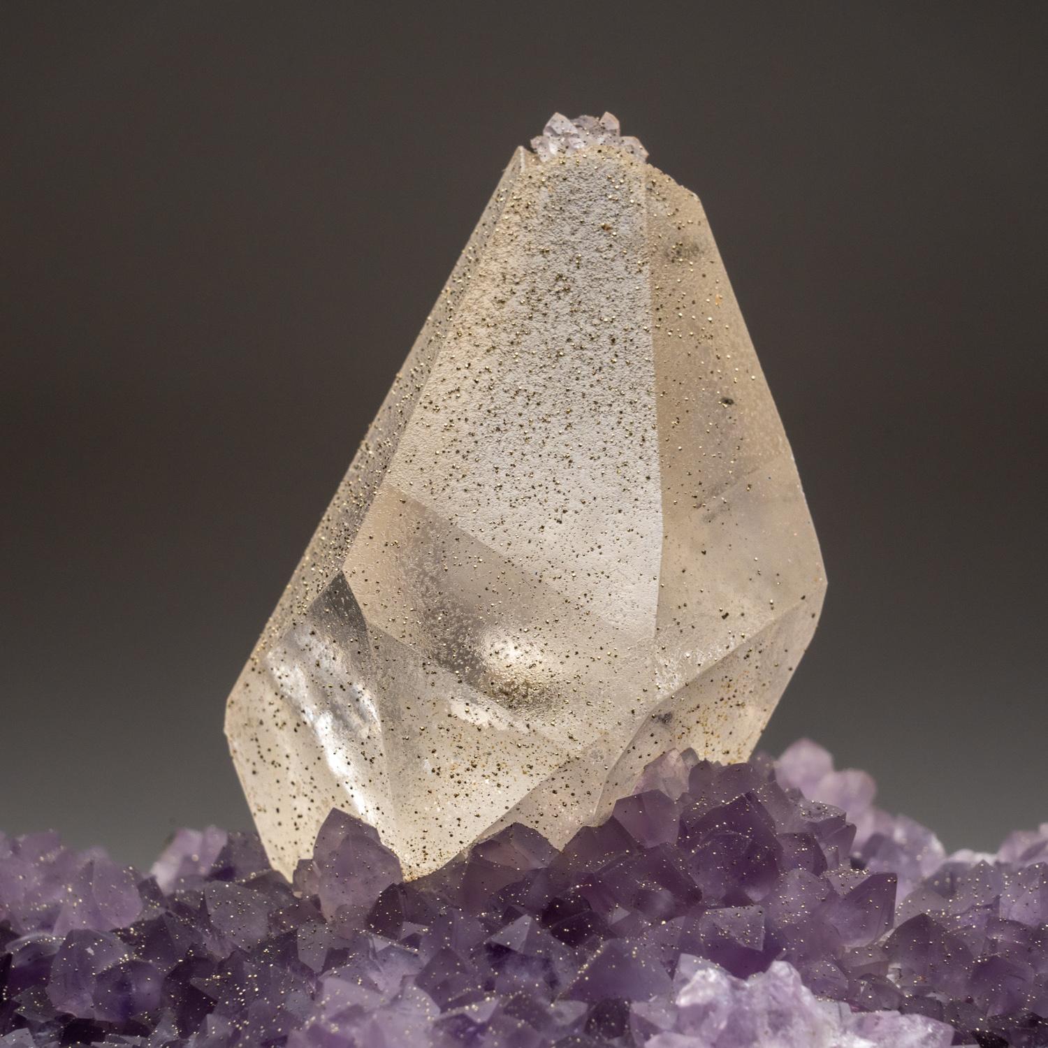Calcite with Pyrite on Amethyst from San Eugenio, Artigas Dept., Uruguay For Sale 3