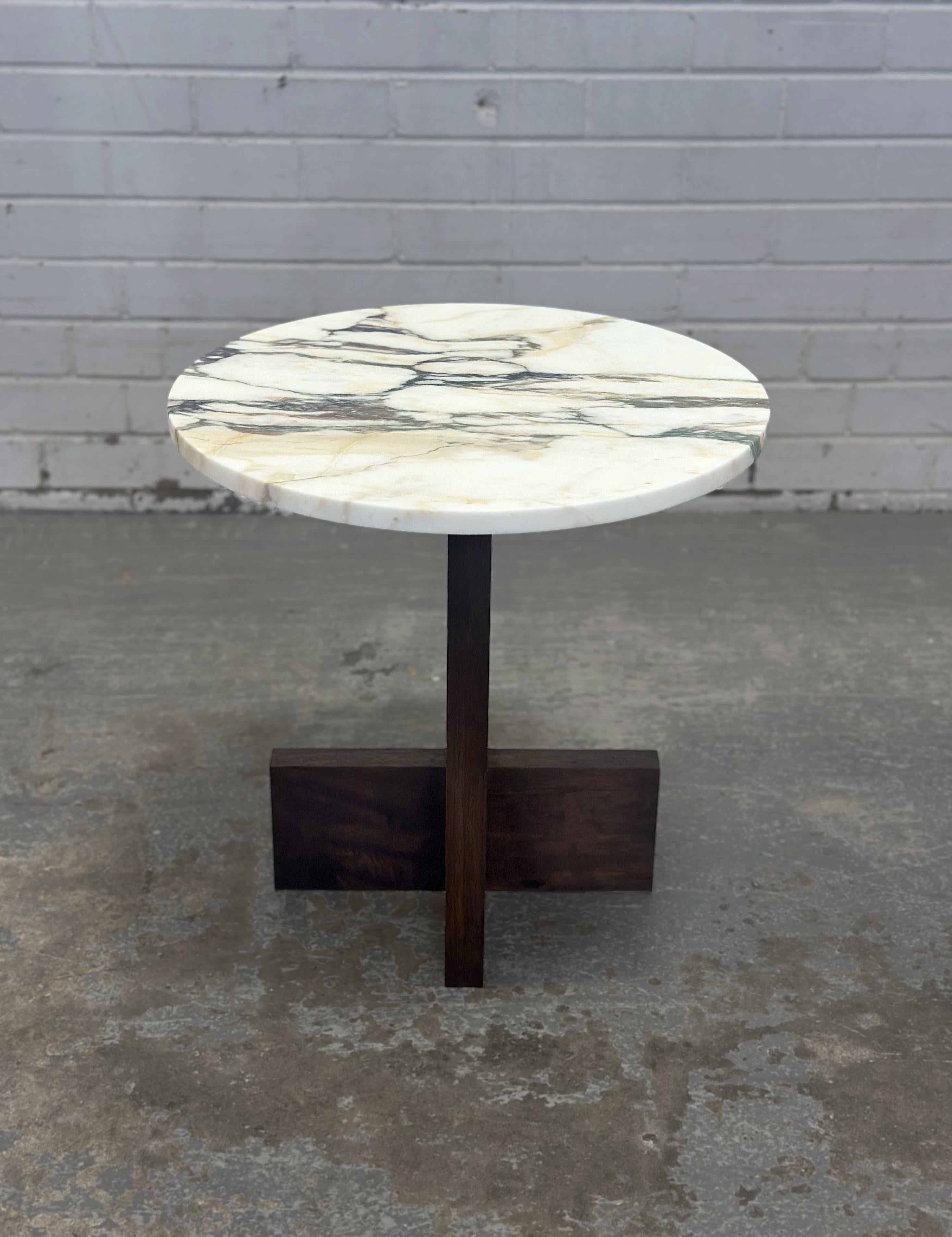 Canadian Calcutta Monet Marble & Dark Walnut Axel Side Table by Mary Ratcliffe Studio For Sale