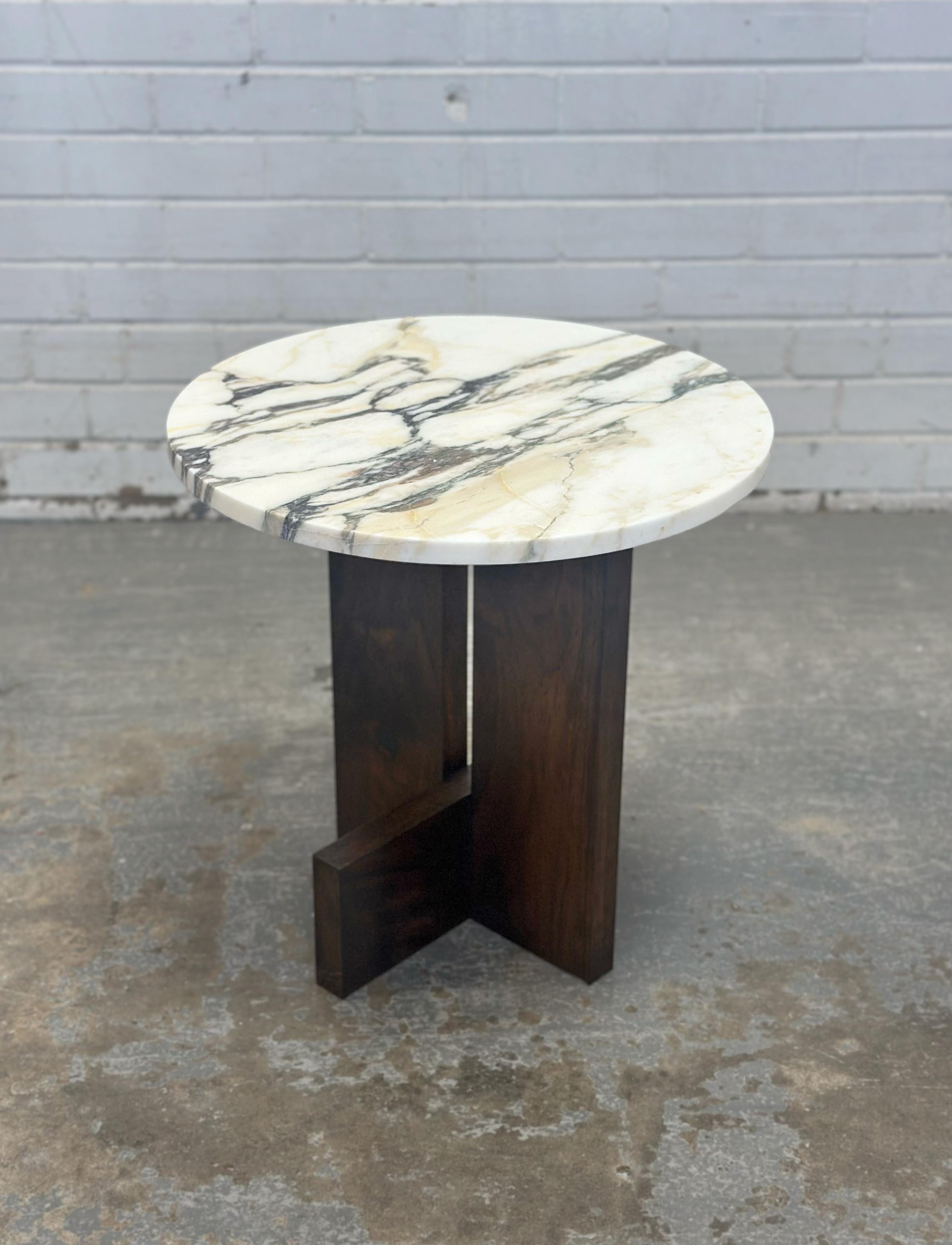 Hand-Crafted Calcutta Monet Marble & Dark Walnut Axel Side Table by Mary Ratcliffe Studio For Sale