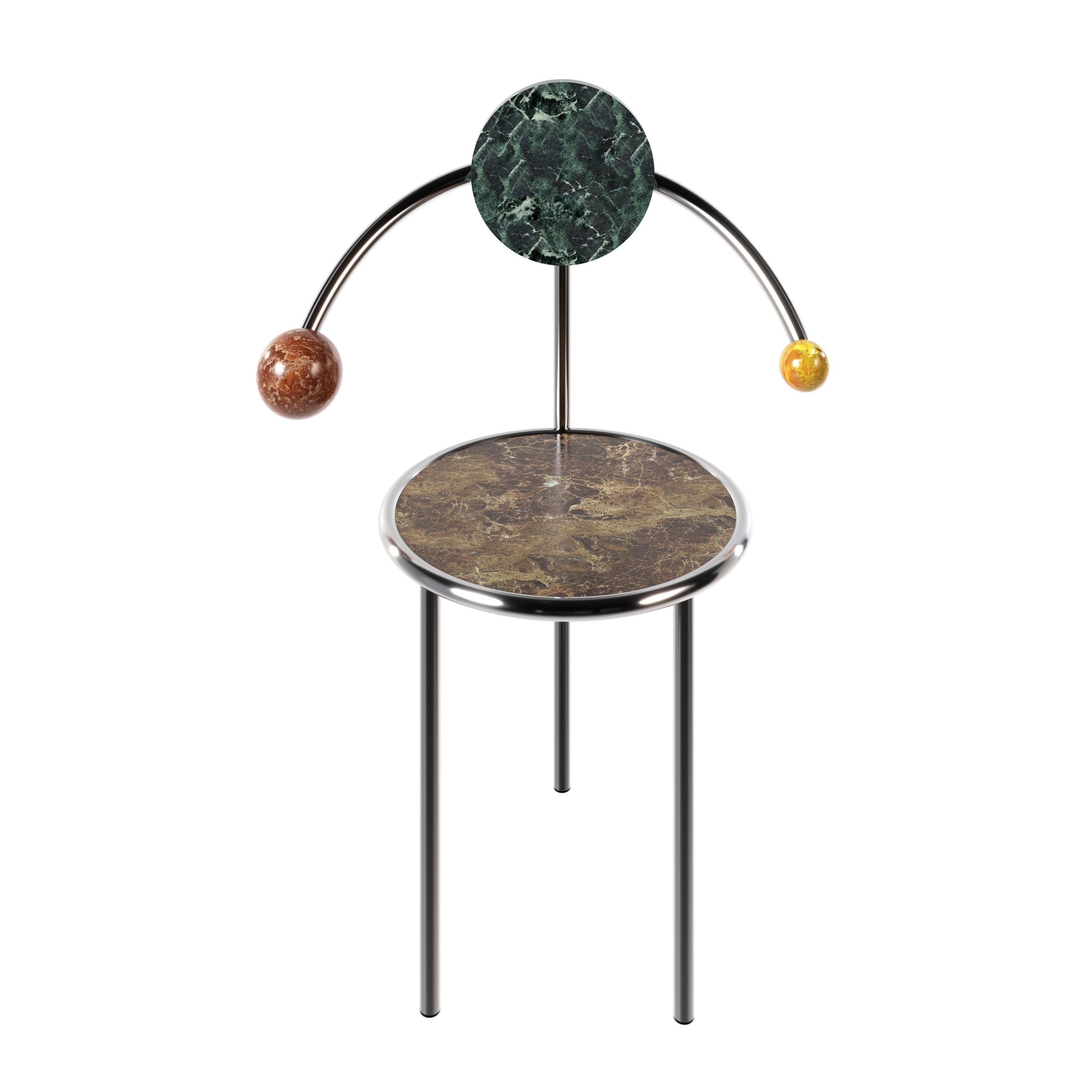 Calder Chair by Gabriela Campos
Dimensions: W 65 x D 45 x H 90 cm.
Materials: Inox Steel, Brazilian Stones


ESTÚDIO MAIS ALMA moves toward the authentic and the unique, whether in the subtle observation of nature's forms and contours, or in the