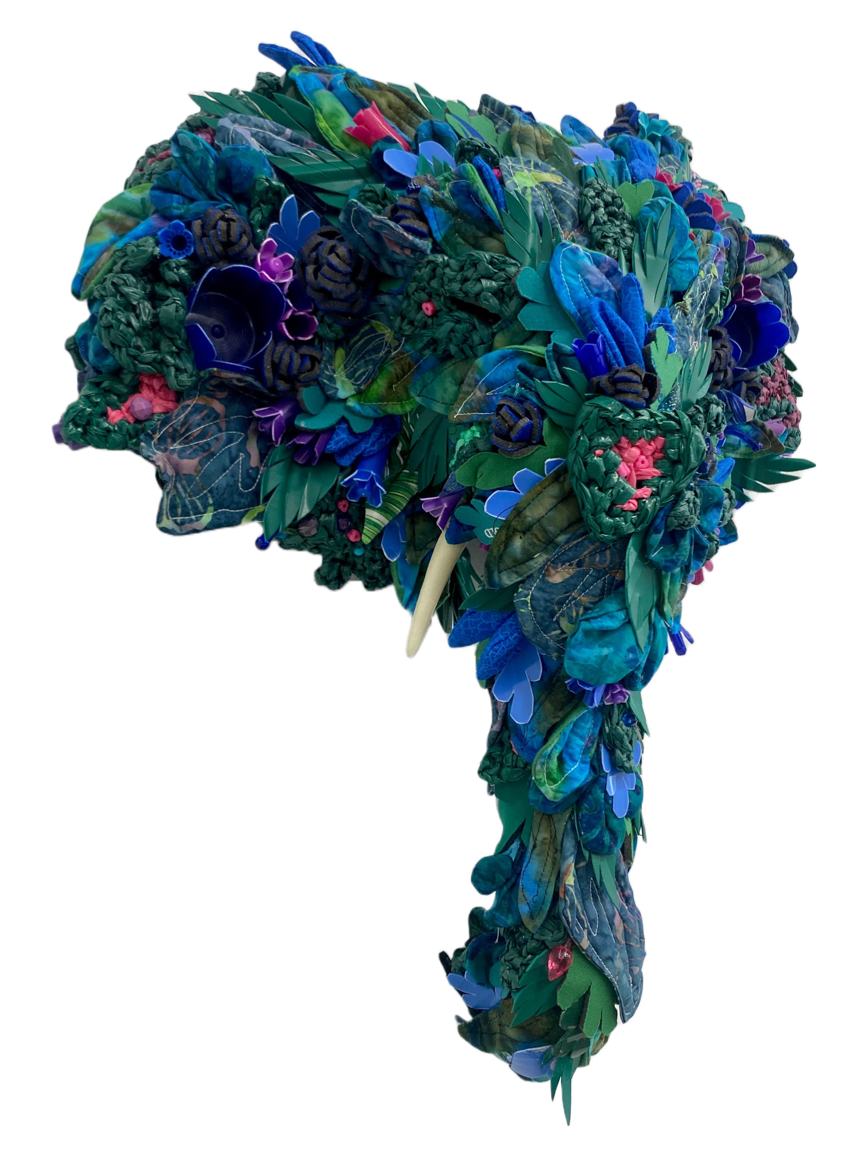 Elephant Plant, Contemporary Wall Sculpture, Recycled Material Assemblage - Blue Figurative Sculpture by Calder Kamin