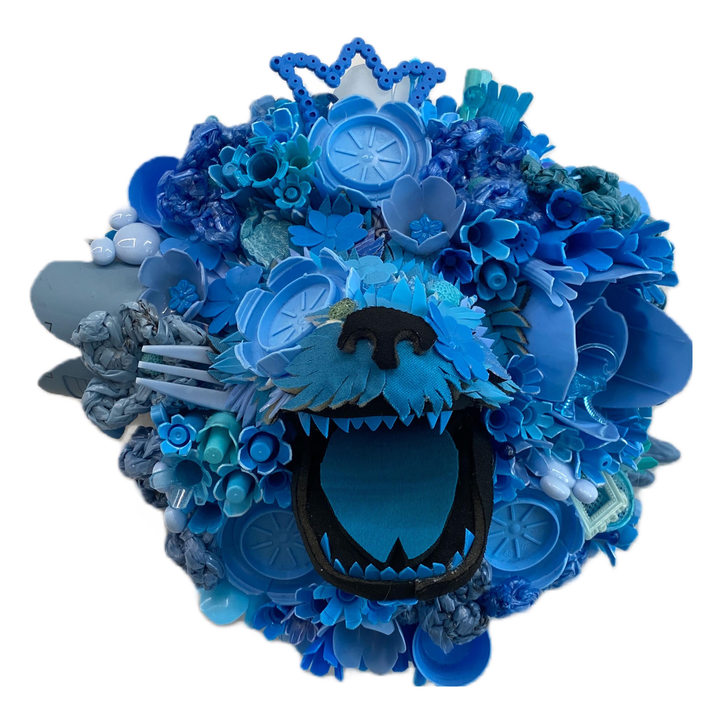Hydrangea Hound, Cyan, Contemporary Animal Sculpture, Recycled Materials 