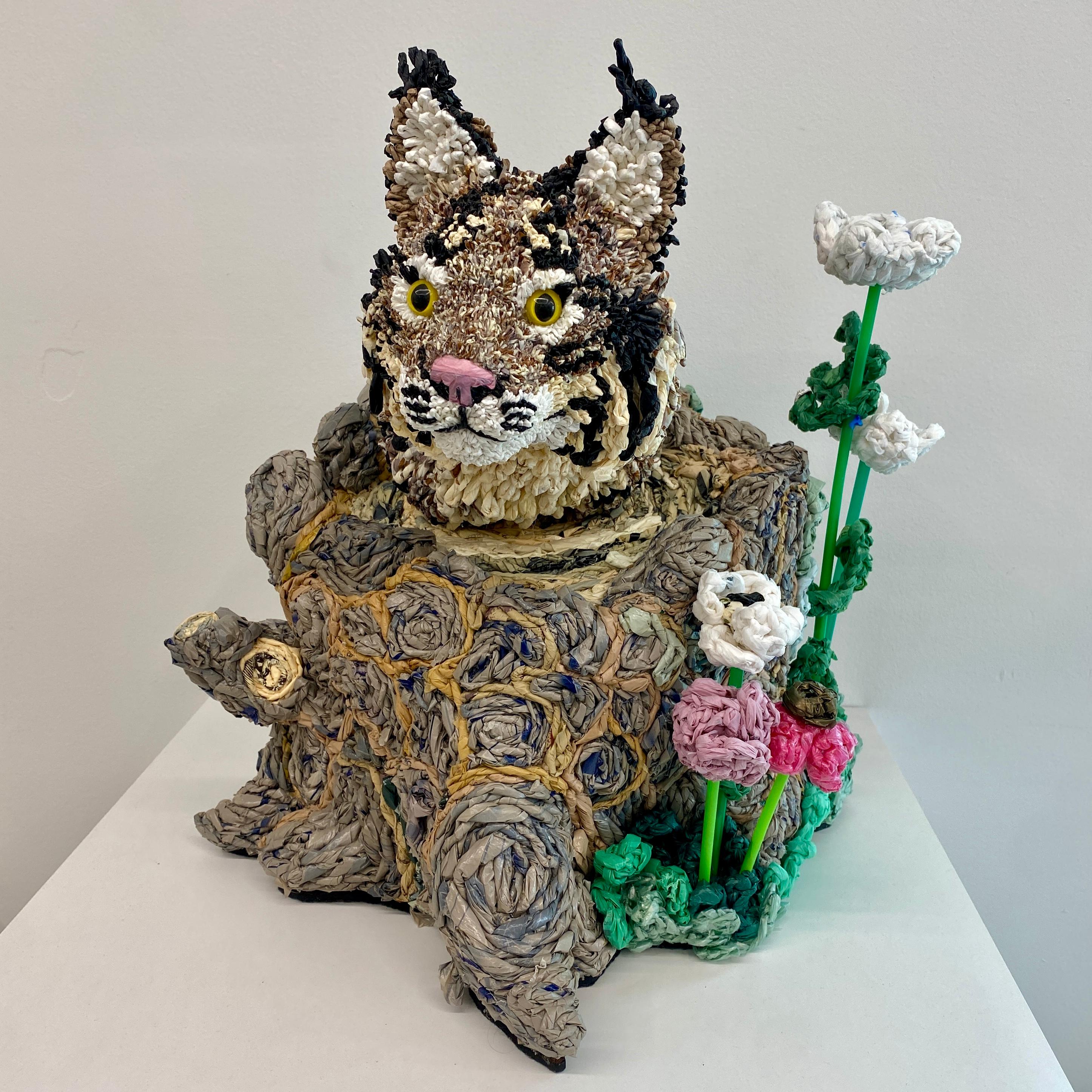 Calder Kamin Still-Life Sculpture - Plastic Planet Lynx, Contemporary Animal Sculpture, Recycled Materials 