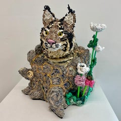 Planeta de plástico Lince, escultura animal contemporánea, materiales reciclados