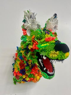 Wildflower Wolf, Contemporary sculpture, Assemblage, Found Objects, Plastic