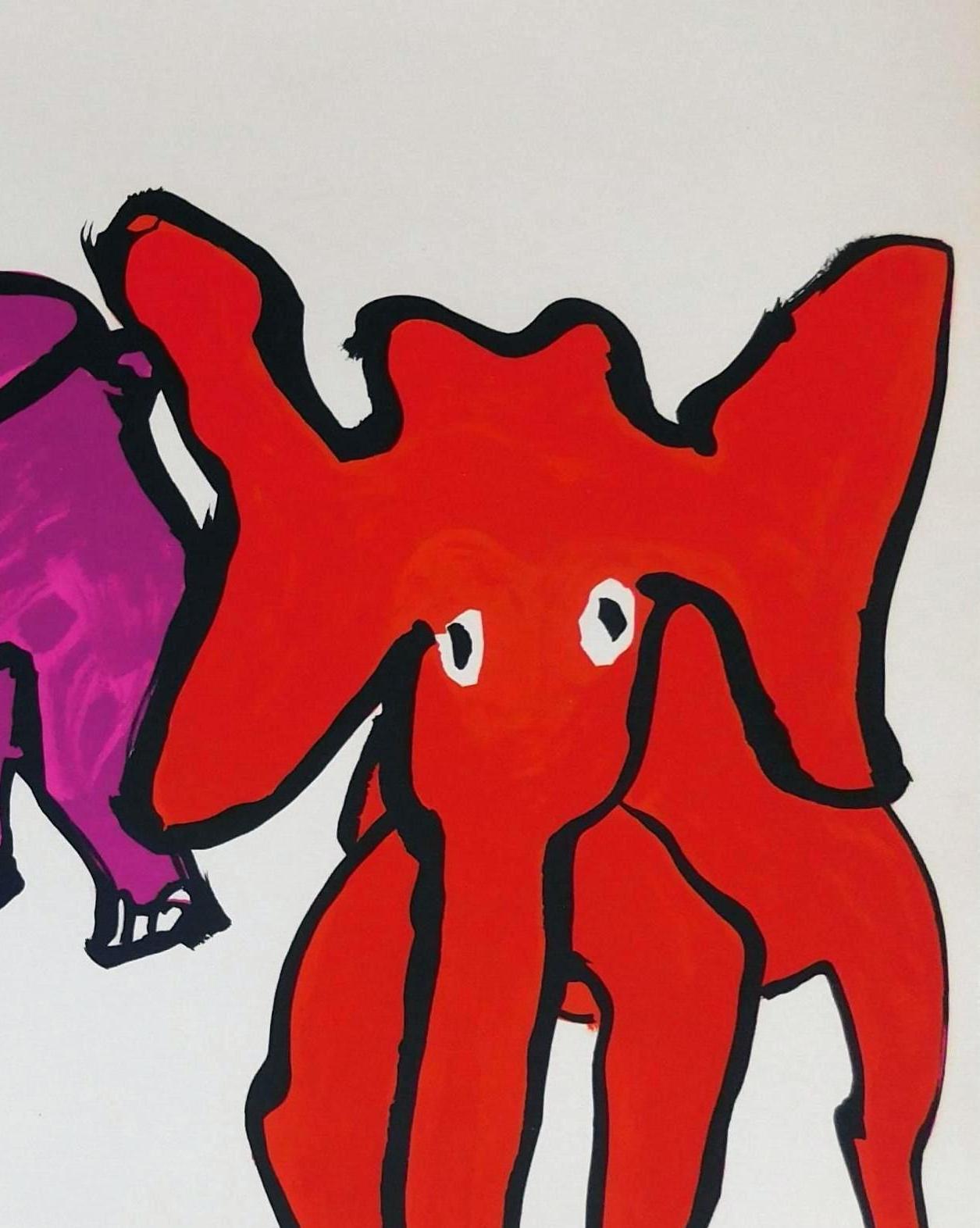 Paper Calder Pencil Signed and Numbered Color Lithograph, 1976, Elephants