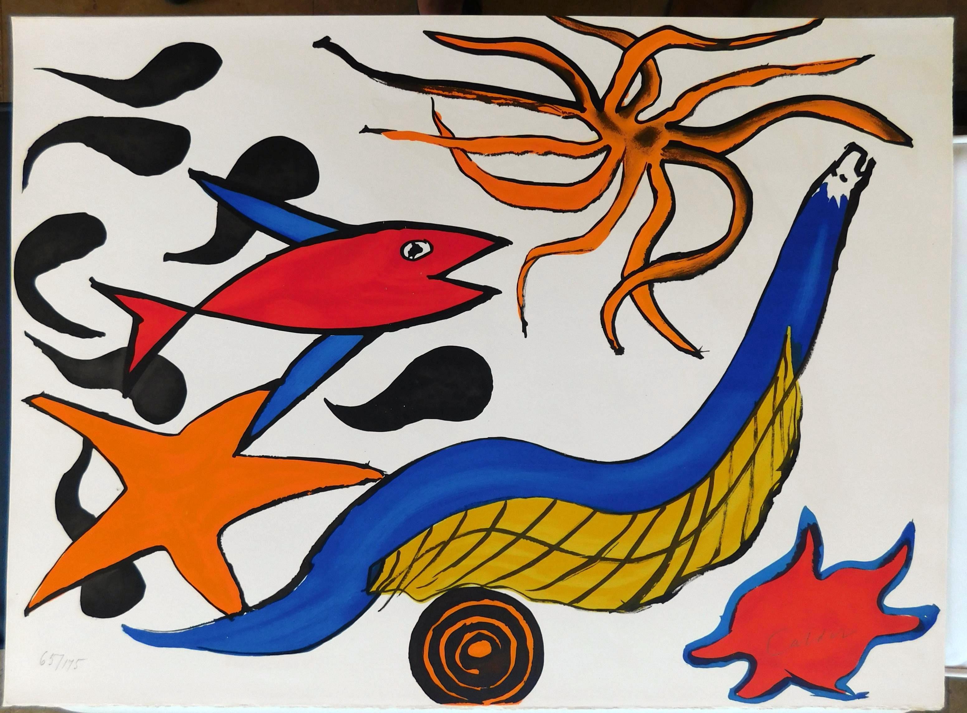 Artist: Alexander Calder
Medium: Lithograph
Title: (Untitled - Sea Creatures) 
Portfolio: Our Unfinished Revolution
Year: 1976
Edition: 65 of 175
Sheet Size: 22 x 30 inches
Signed: Signed in pencil lower right
Numbered: In pencil lower