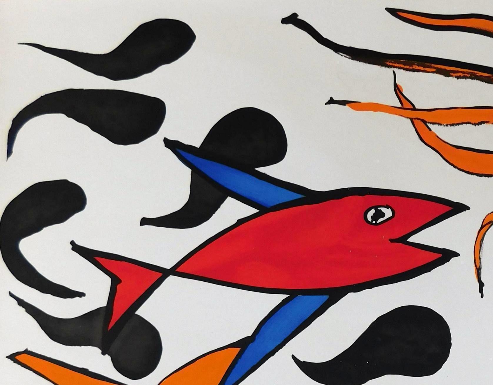 Paper Calder Pencil Signed and Numbered Color Lithograph, 1976, Sea Creatures 