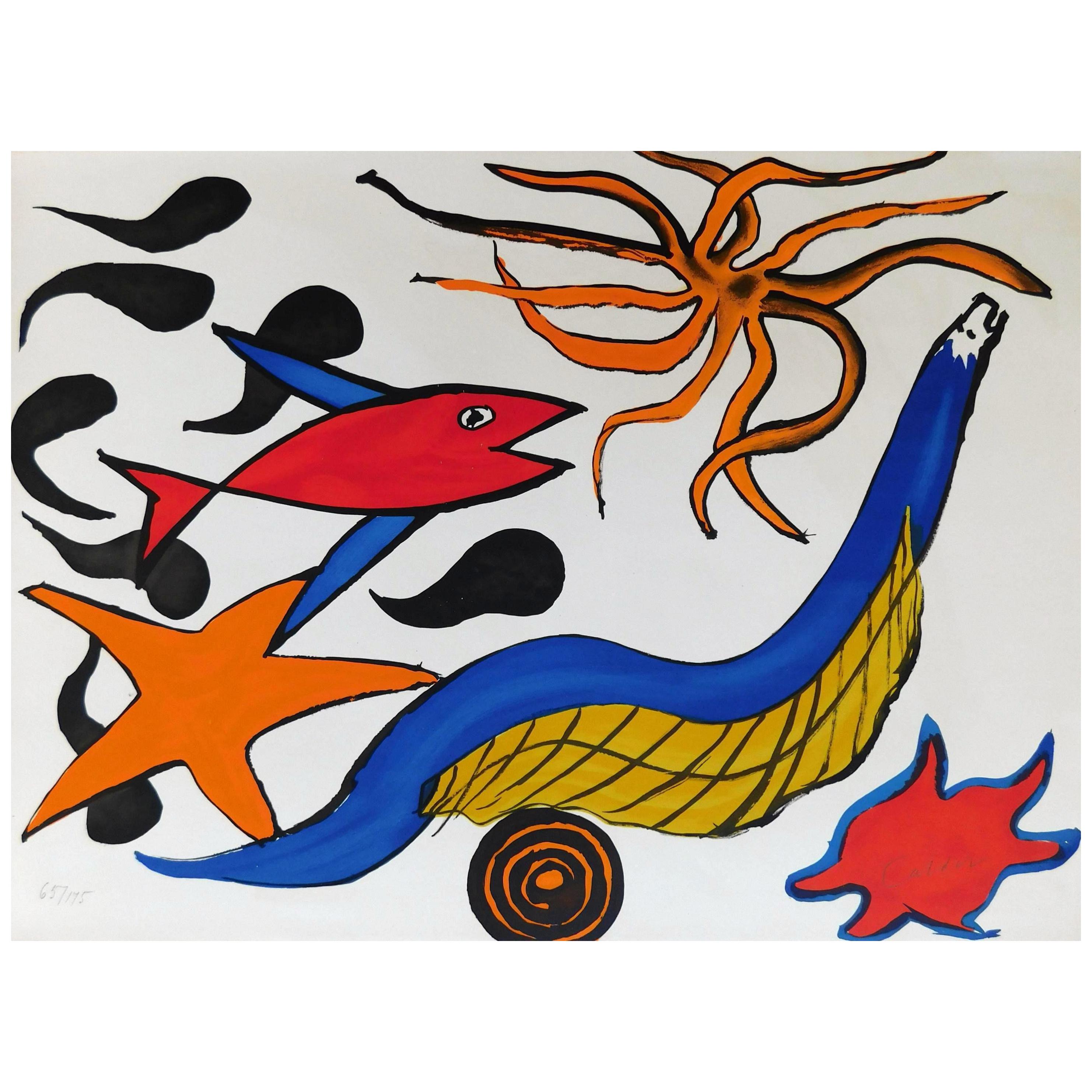 Calder Pencil Signed and Numbered Color Lithograph, 1976, Sea Creatures 
