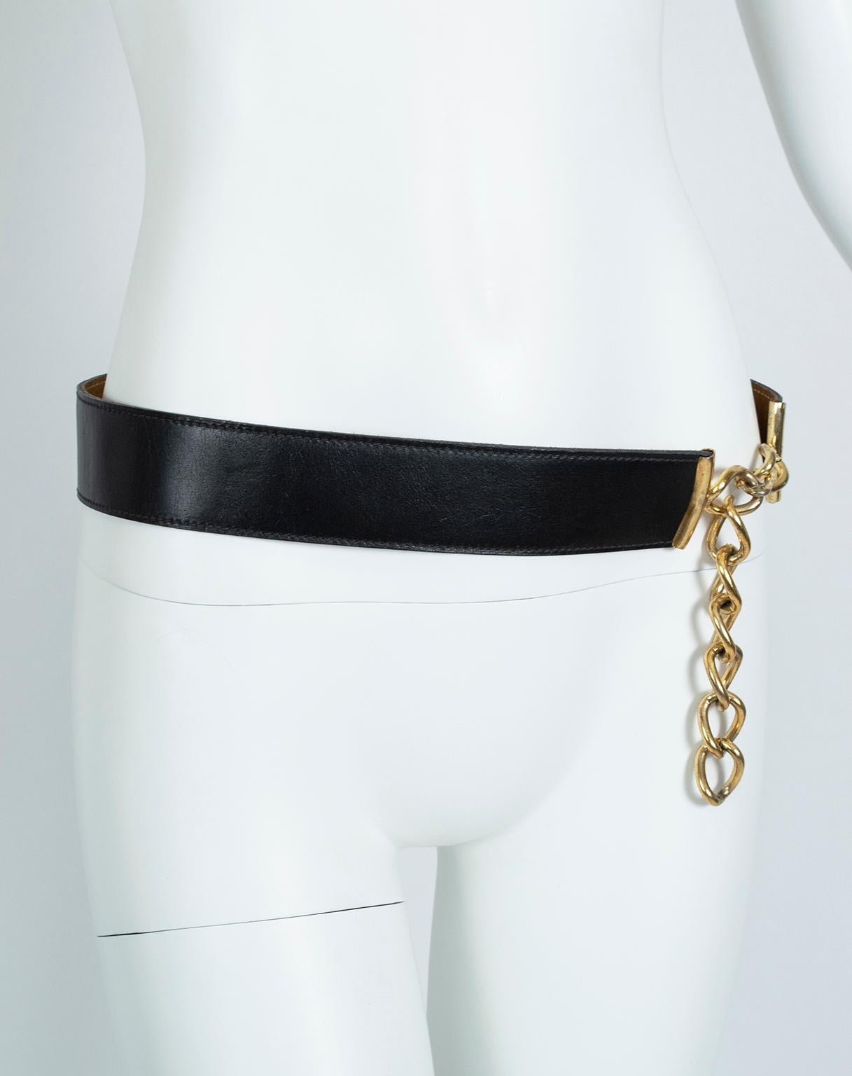 An otherwise pedestrian ensemble can be elevated to a runway-ready showstopper with the addition of a single statement accessory. Enter Anne Klein’s early work with leathermaker Calderon. This belt combines a minimalist wide leather band with a