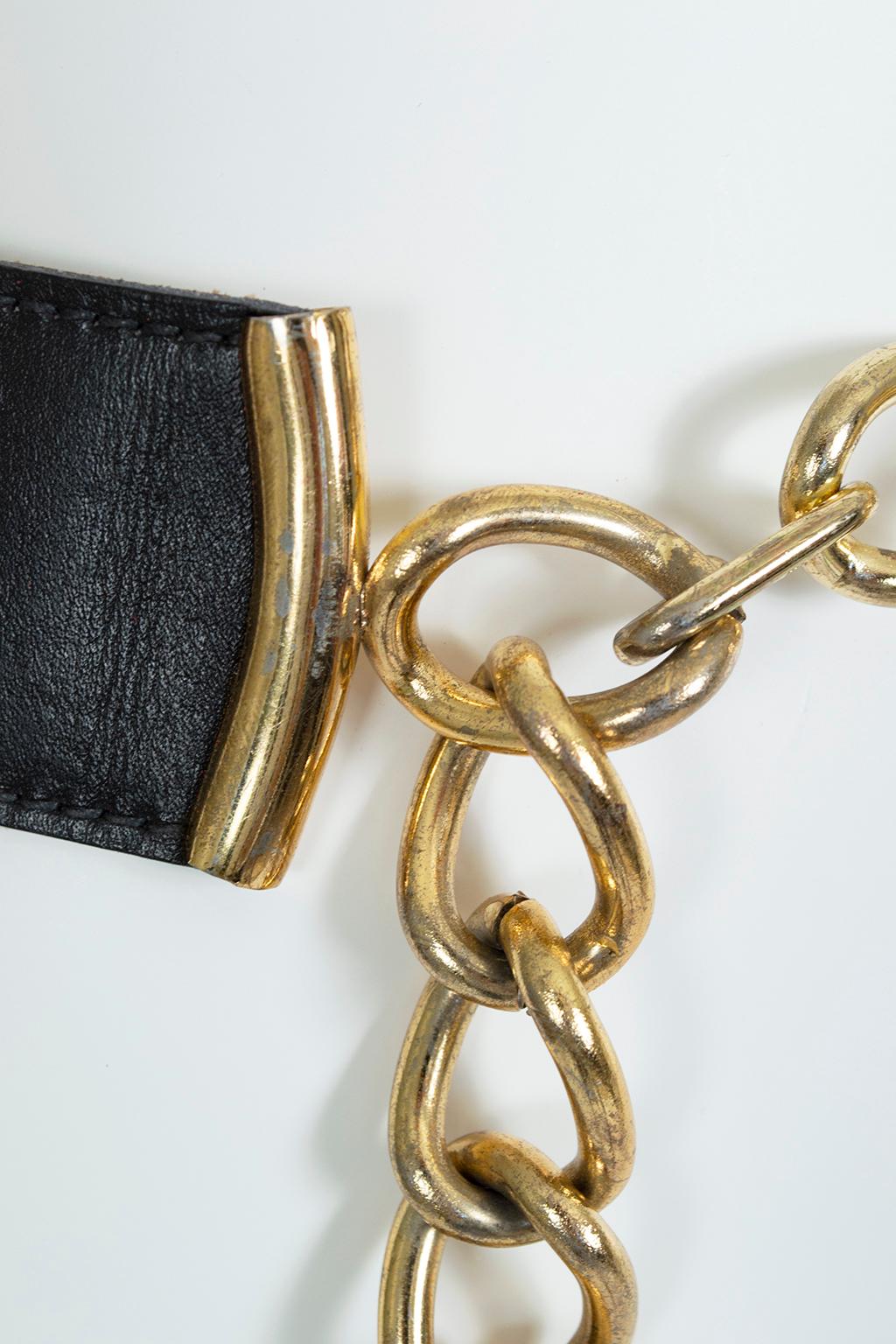 Women's Calderon Anne Klein Black Wide Leather Belt with Dangling Gold Chain– S-M, 1960s