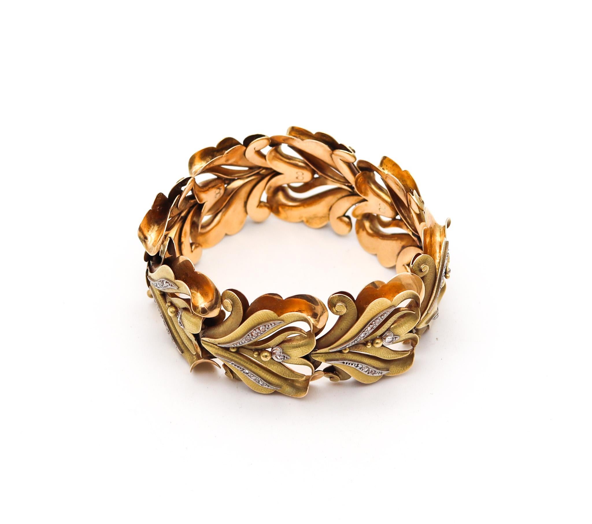 Rose Cut Calderoni Italy 1900 Art Nouveau Liberty Bracelet 18Kt Gold Platinum & Diamonds For Sale