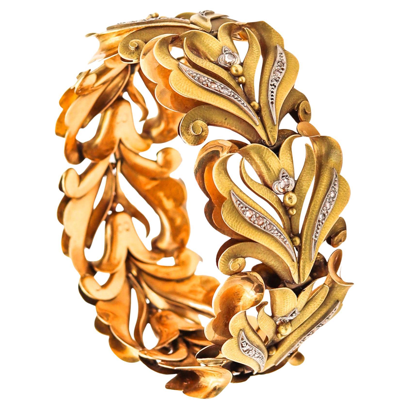 Calderoni Italy 1900 Art Nouveau Liberty Bracelet 18Kt Gold Platinum & Diamonds For Sale