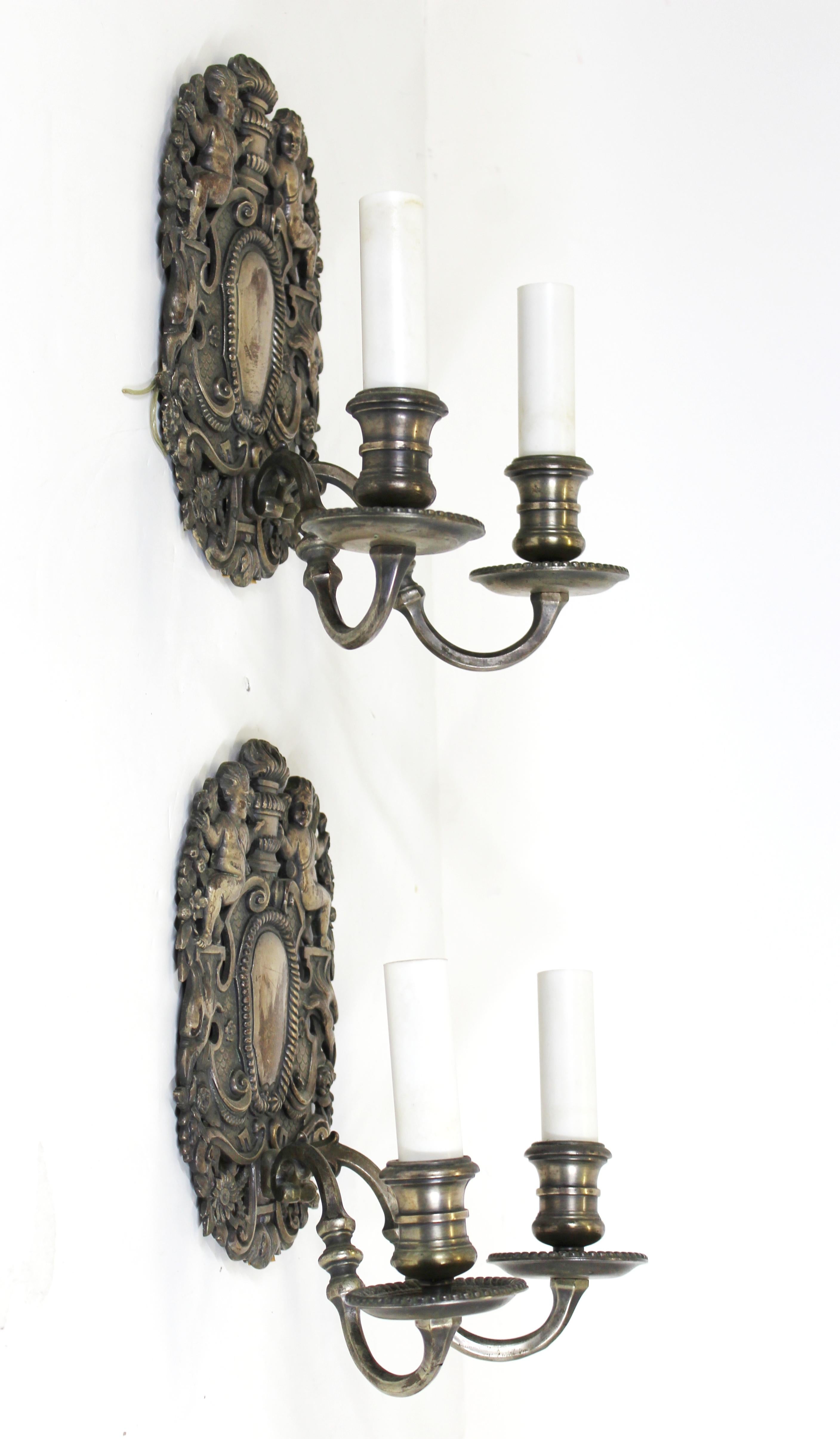 Late 19th Century Caldwell American Renaissance Revival Wall Sconces in Silvered Bronze For Sale