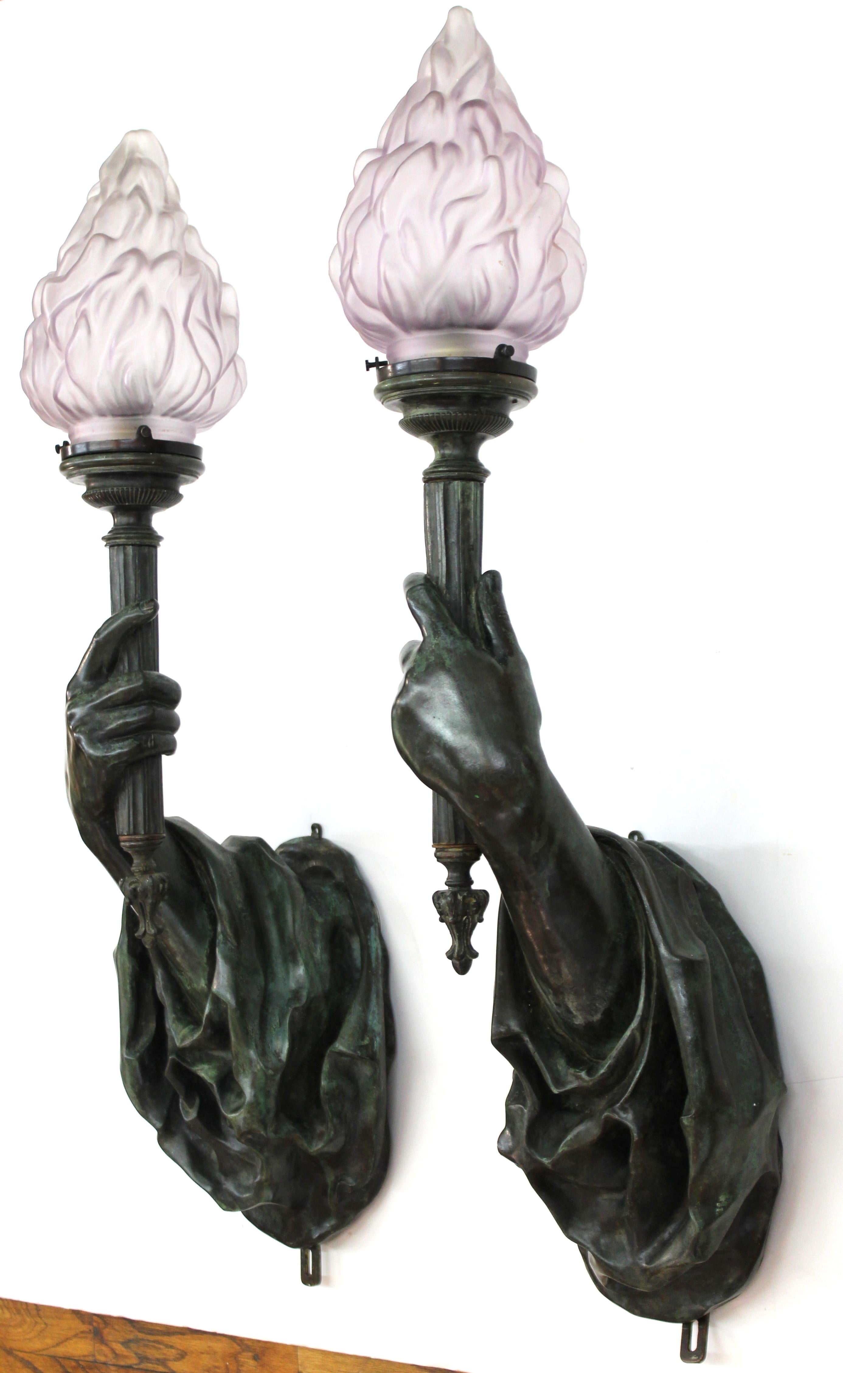 Belle Époque Caldwell Attributed Gilded Age Bronze Hand Torchiere Wall Sconces