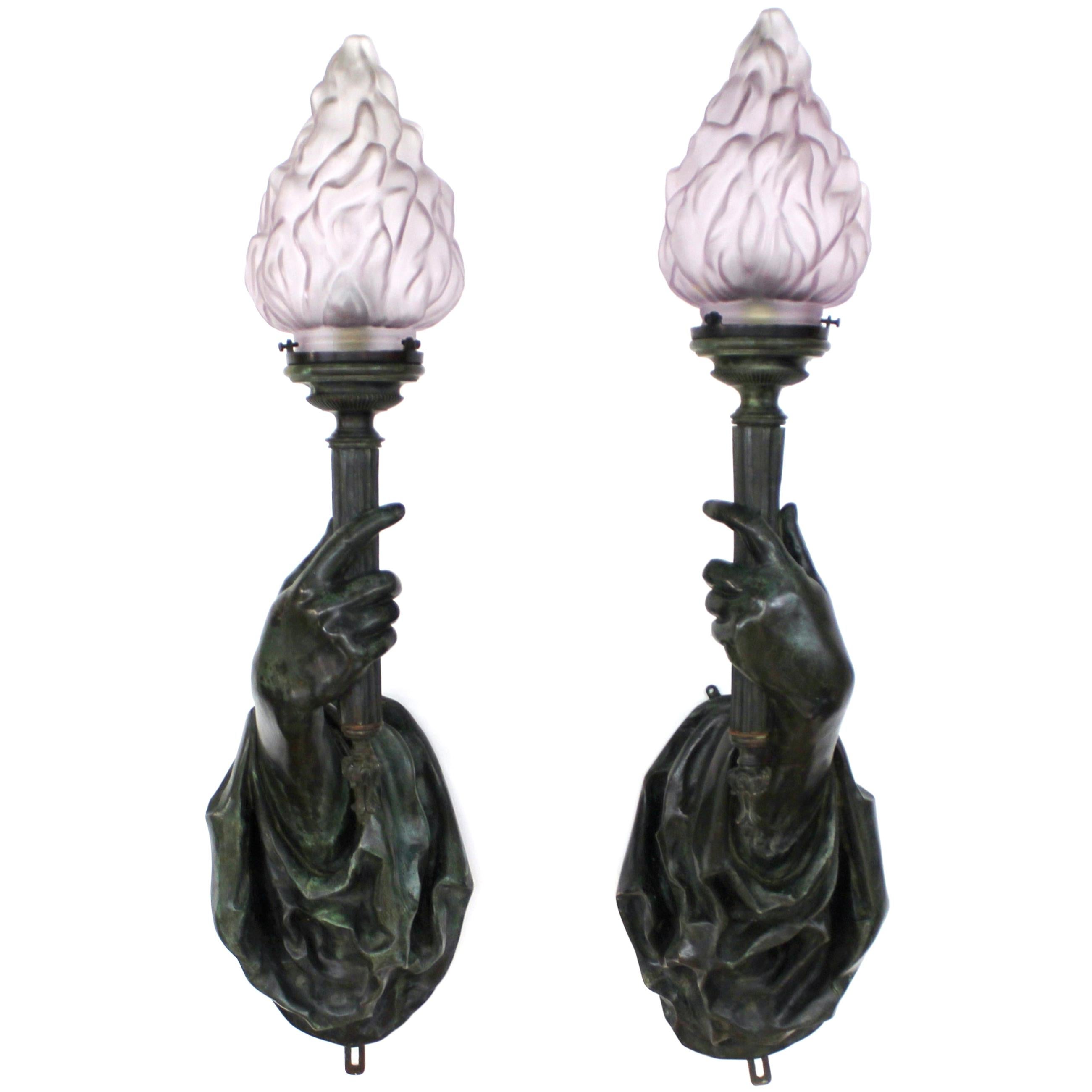Caldwell Attributed Gilded Age Bronze Hand Torchiere Wall Sconces