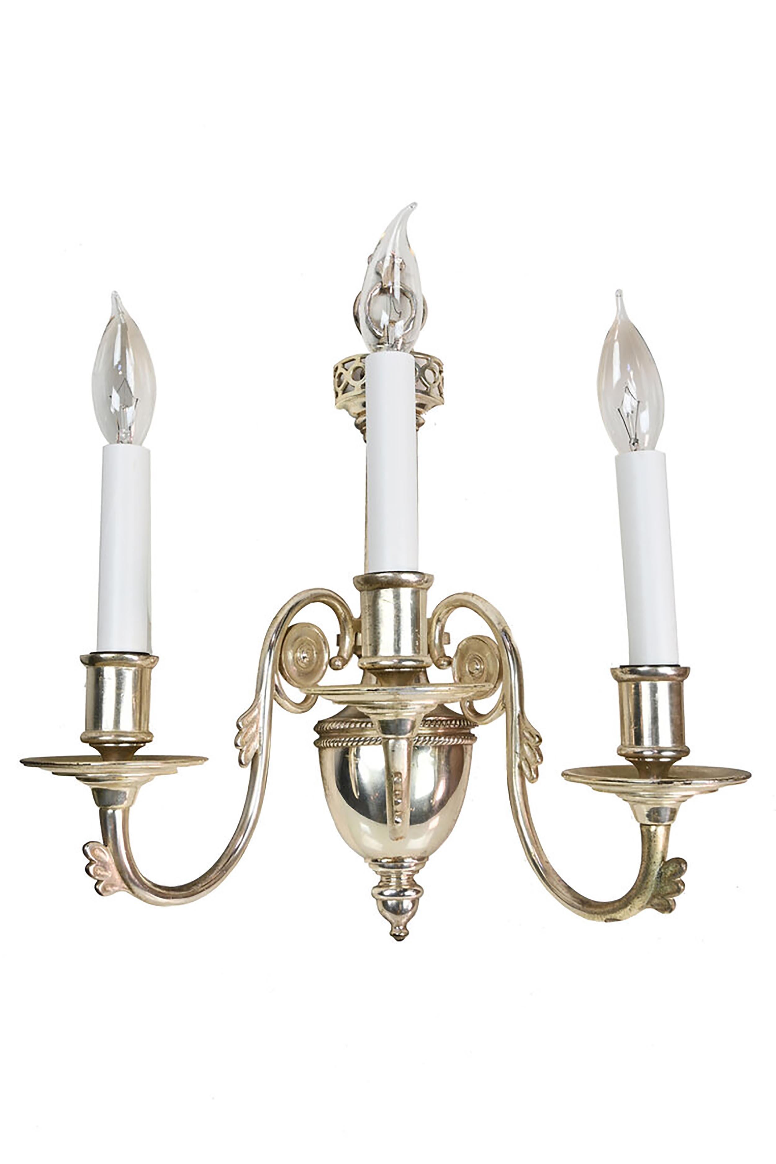 American Classical Caldwell Early 20th C. Silver 3 Candle Wall Sconces