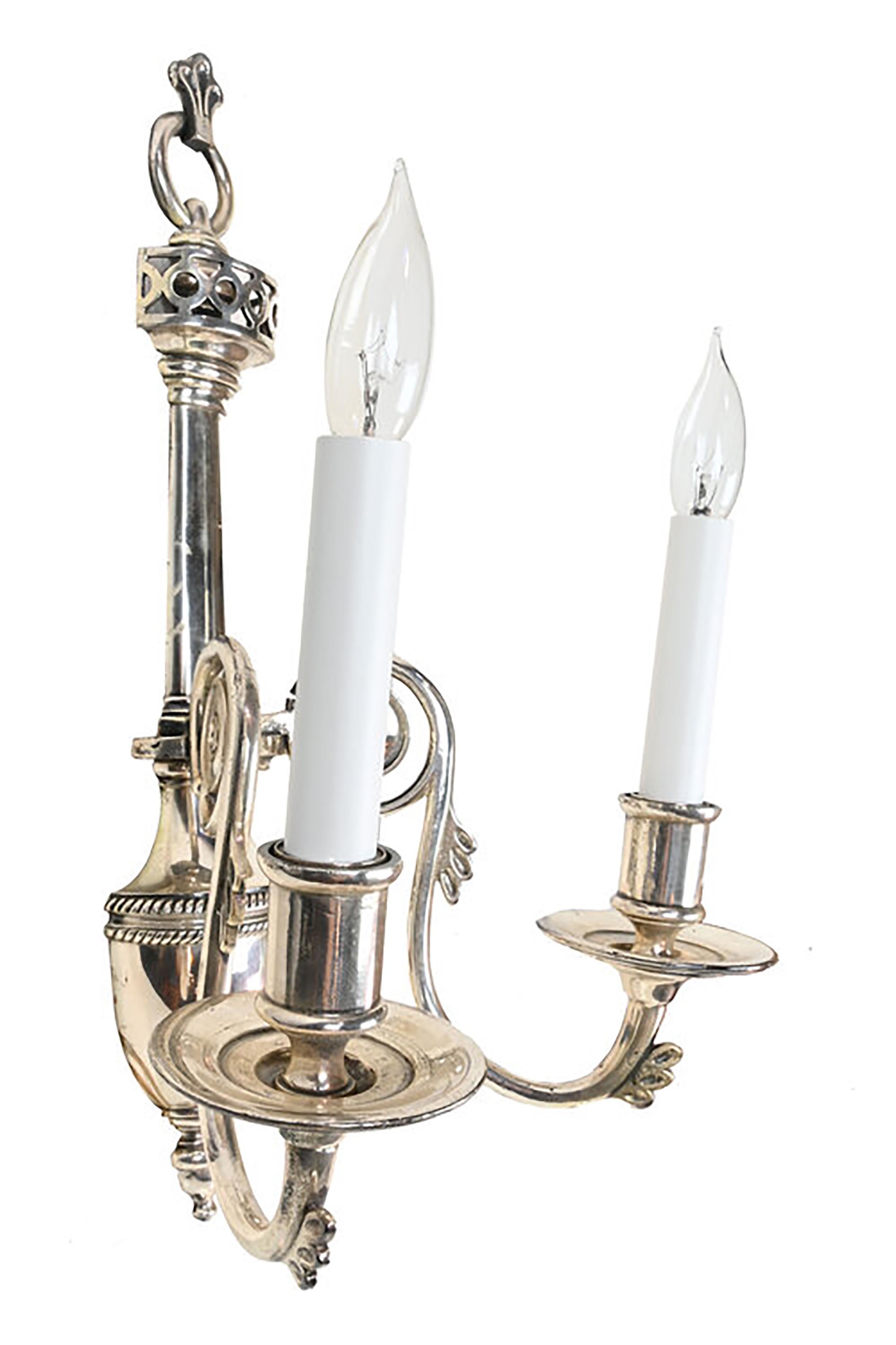 Plated Caldwell Early 20th C. Silver 3 Candle Wall Sconces