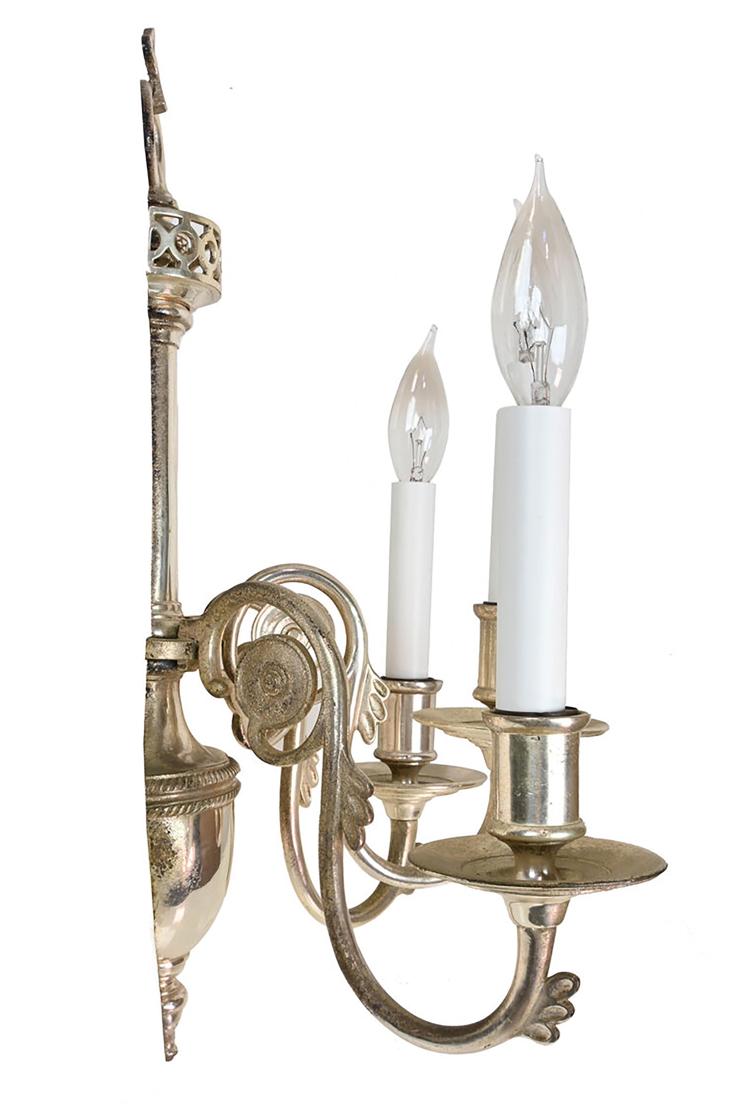 Caldwell Early 20th C. Silver 3 Candle Wall Sconces 1