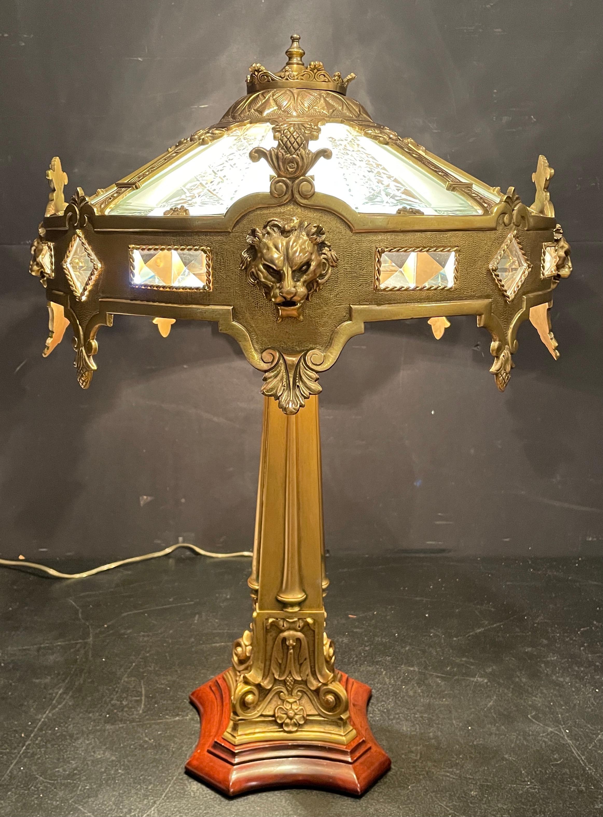 Gilt Bronze and Cut Glass Lamp By Caldwell With Lion Masks 2