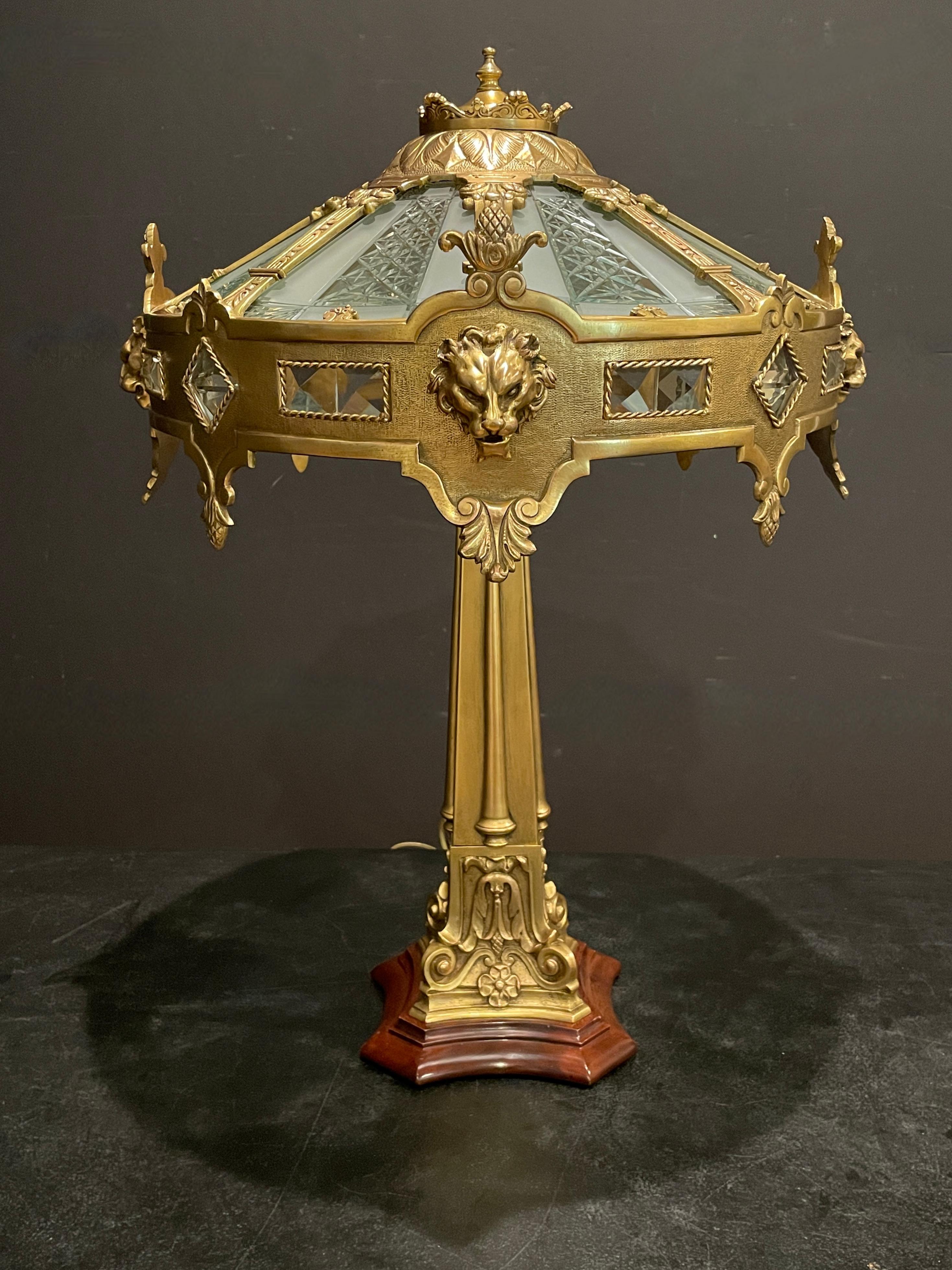 Neoclassical Gilt Bronze and Cut Glass Lamp By Caldwell With Lion Masks