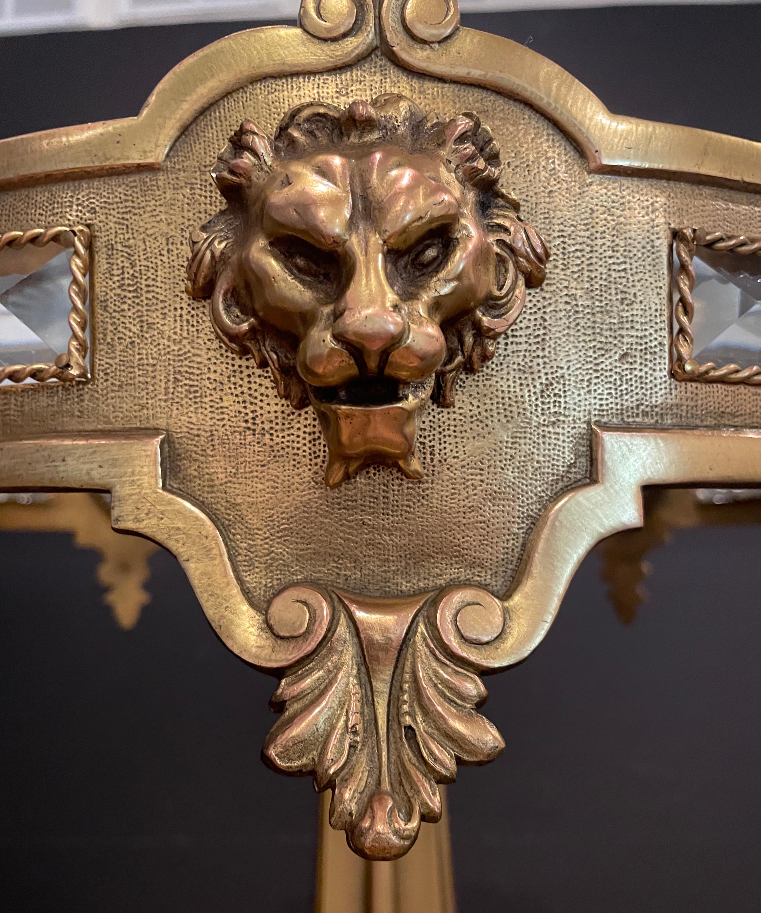 American Gilt Bronze and Cut Glass Lamp By Caldwell With Lion Masks