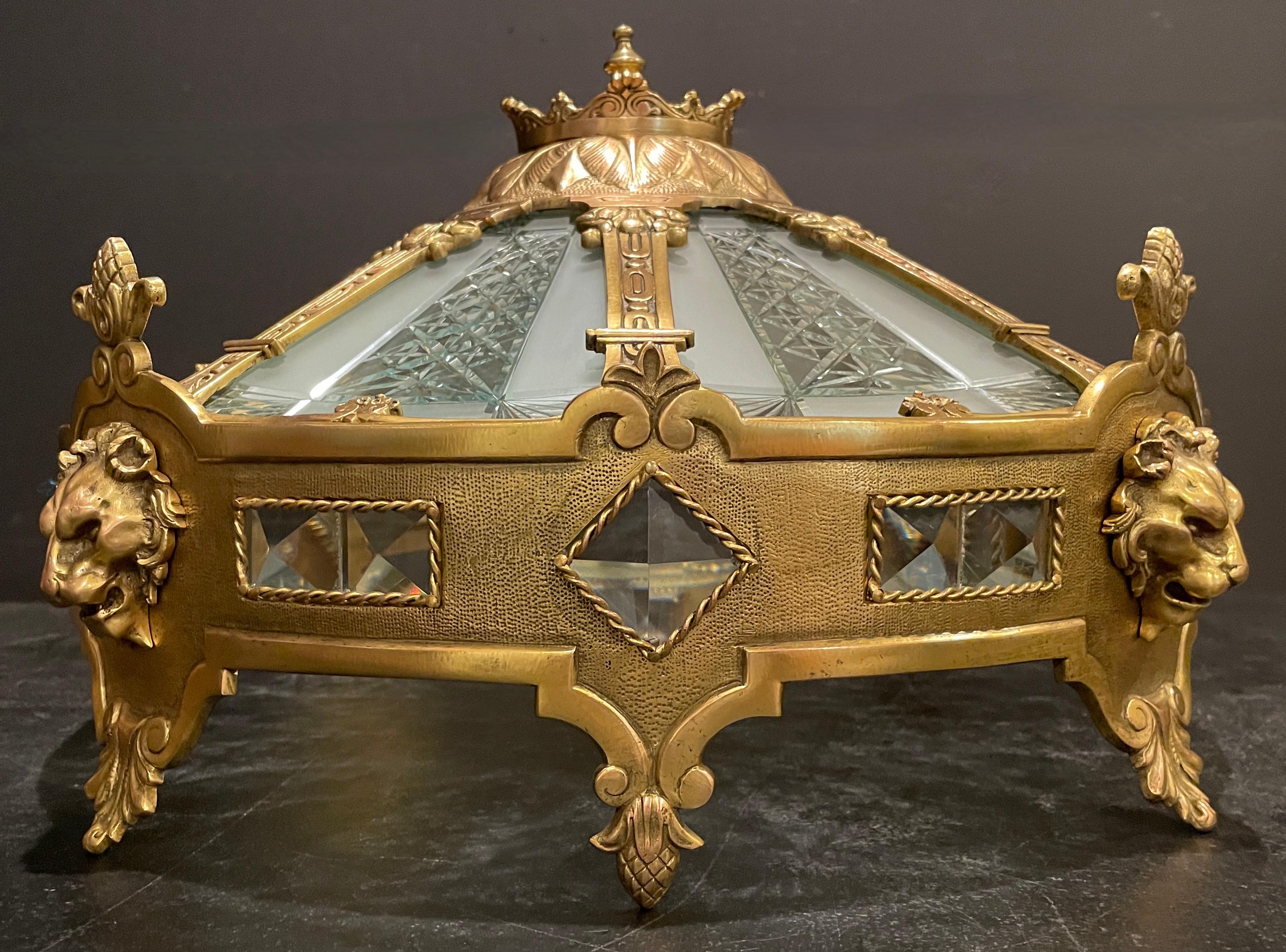 Faceted Gilt Bronze and Cut Glass Lamp By Caldwell With Lion Masks