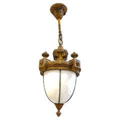 1900 Caldwell Neoclassical Pendant Light, Gilt Plaster and Glass