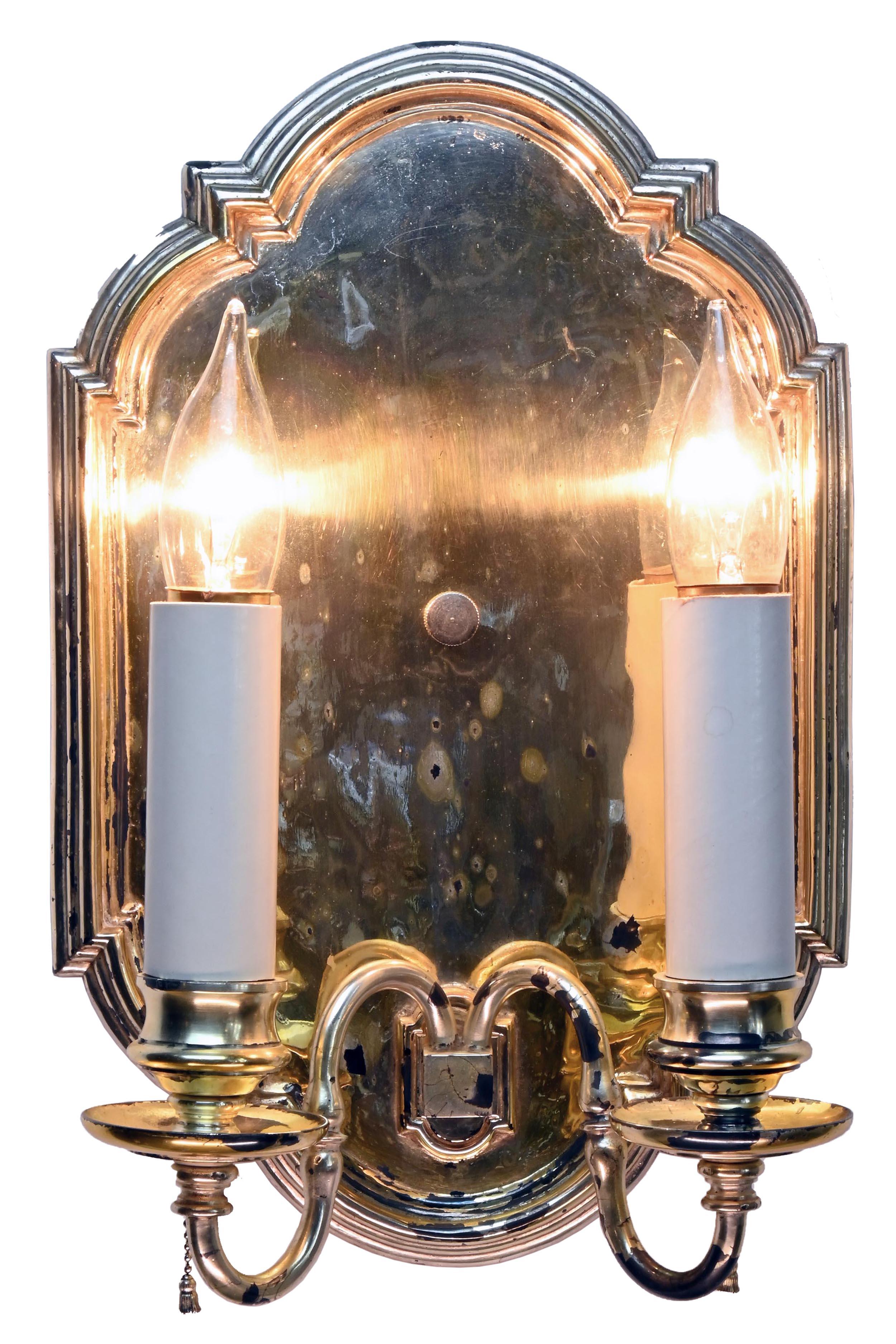 AA# 49687
Circa: 1940’s Historic Charles Bell Lake Minnetonka home 
Condition: Age consistent
Material: Silver plate over brass
Finish: Original lacquer over silver plate 
Country of origin: USA
Illumination: Two Edison base