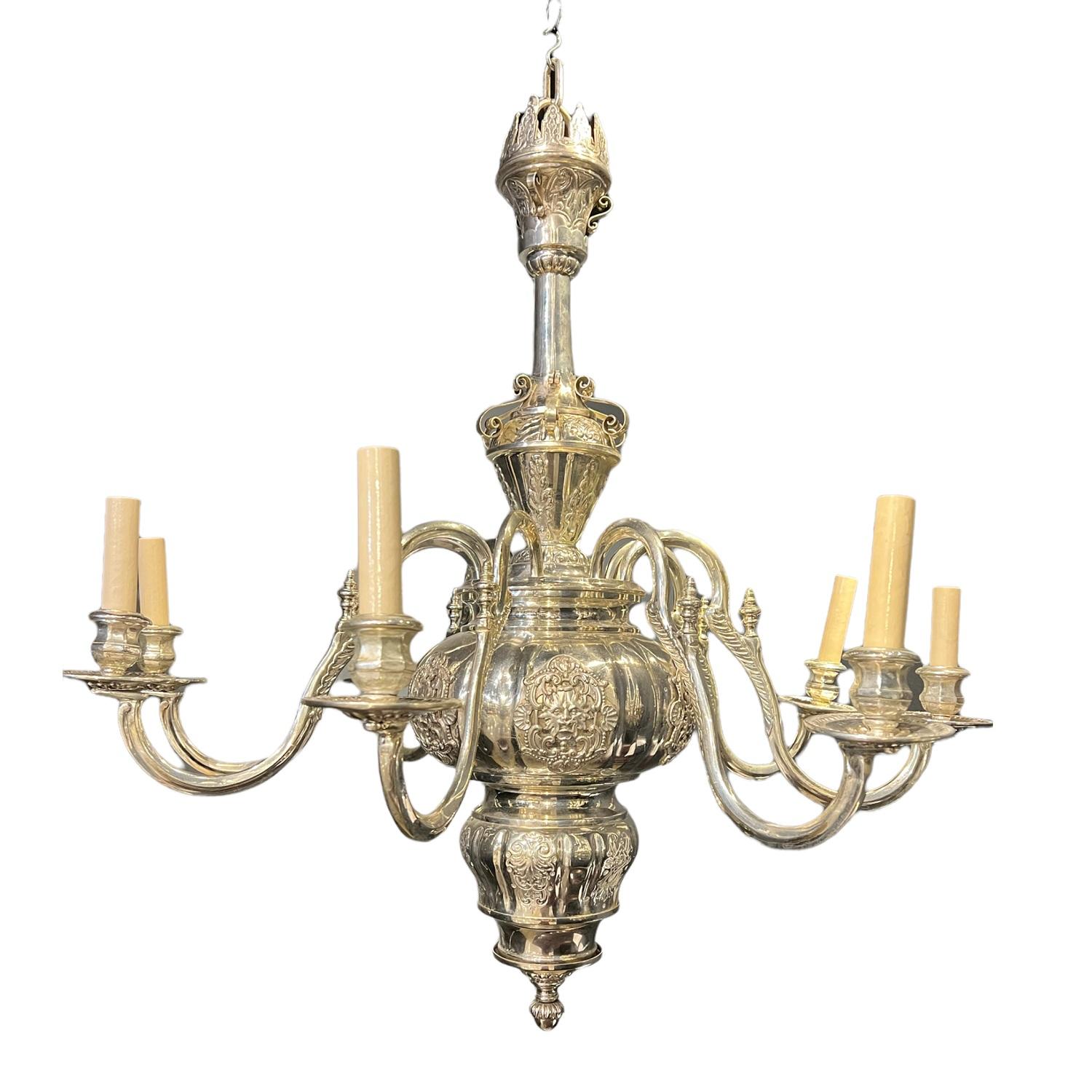 A silver plated Caldwell, 8 light medium size chandelier with an interesting design on the body, circa 1900s. In very good vintage condition.

Dealer: G302YP