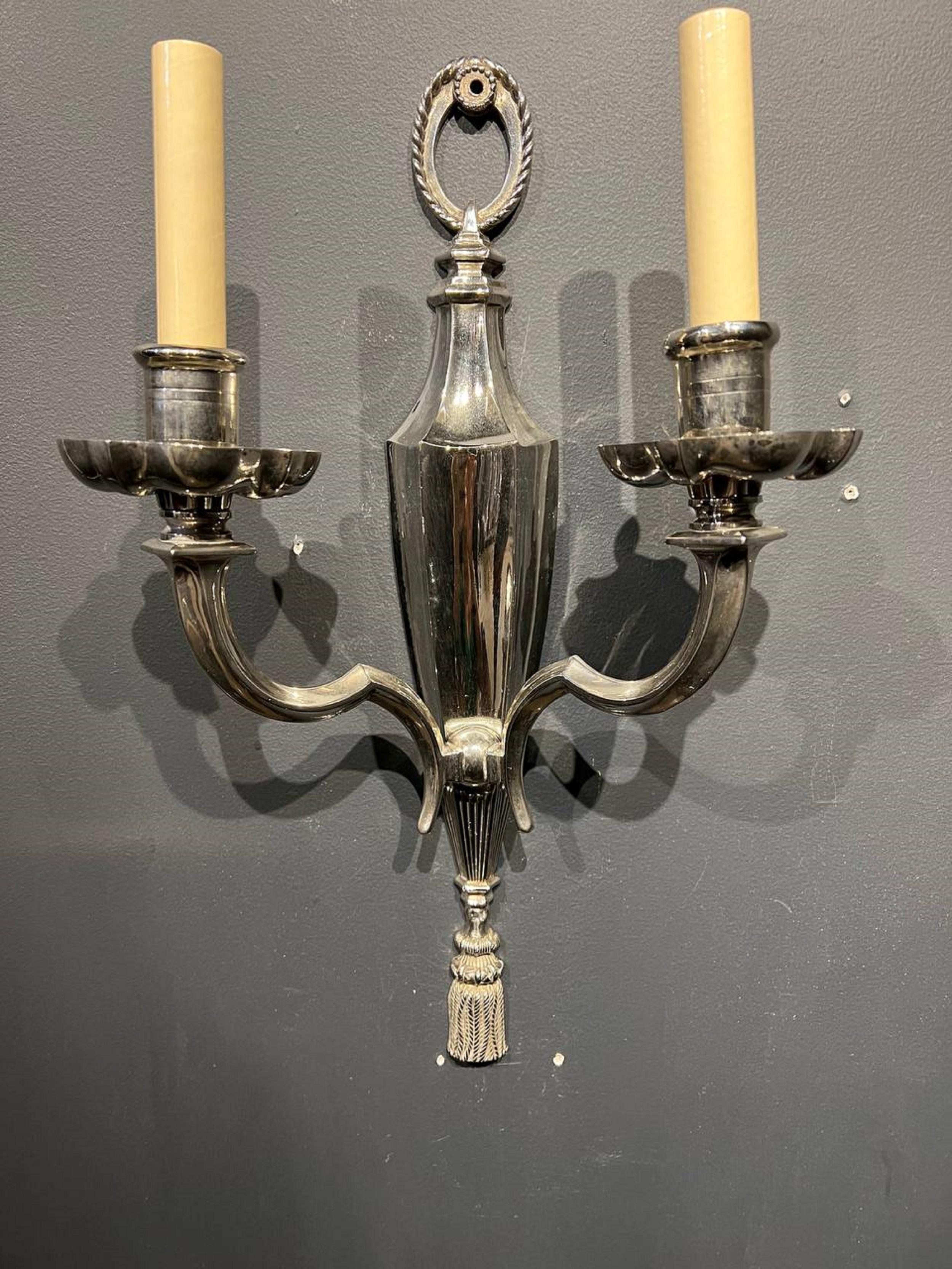 A pair of circa 1920’s Caldwell silver plated sconces. Ideal for the hallway or entryway. In very good vintage condition. 

Dealer: G302YP


