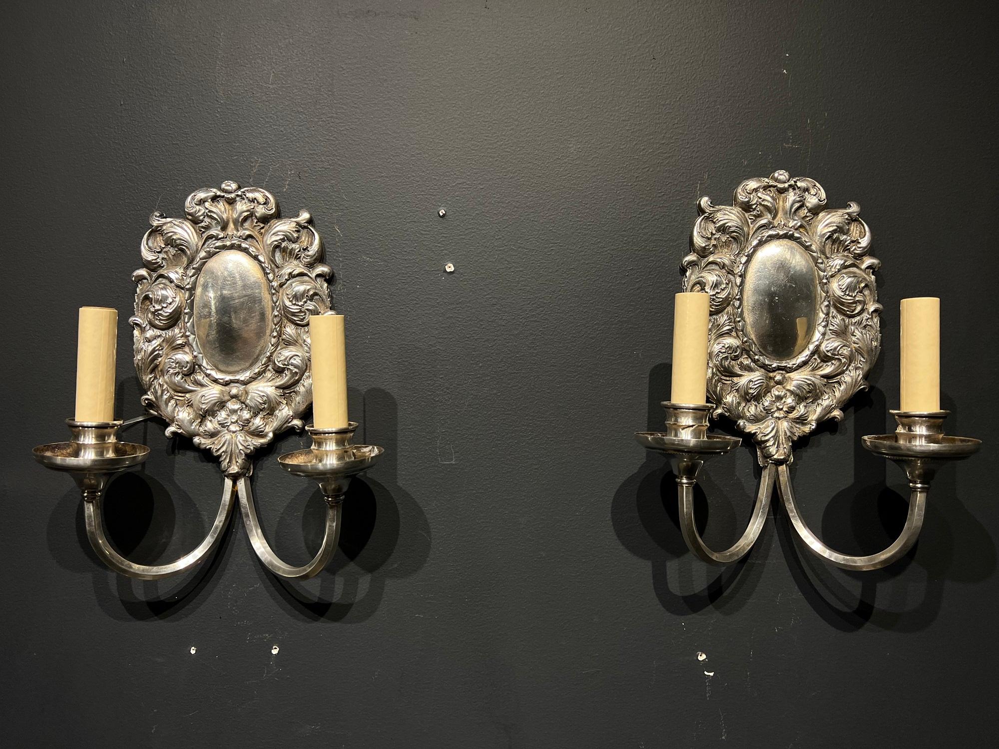 American Classical Pair of Caldwell Silver Plated Sconces