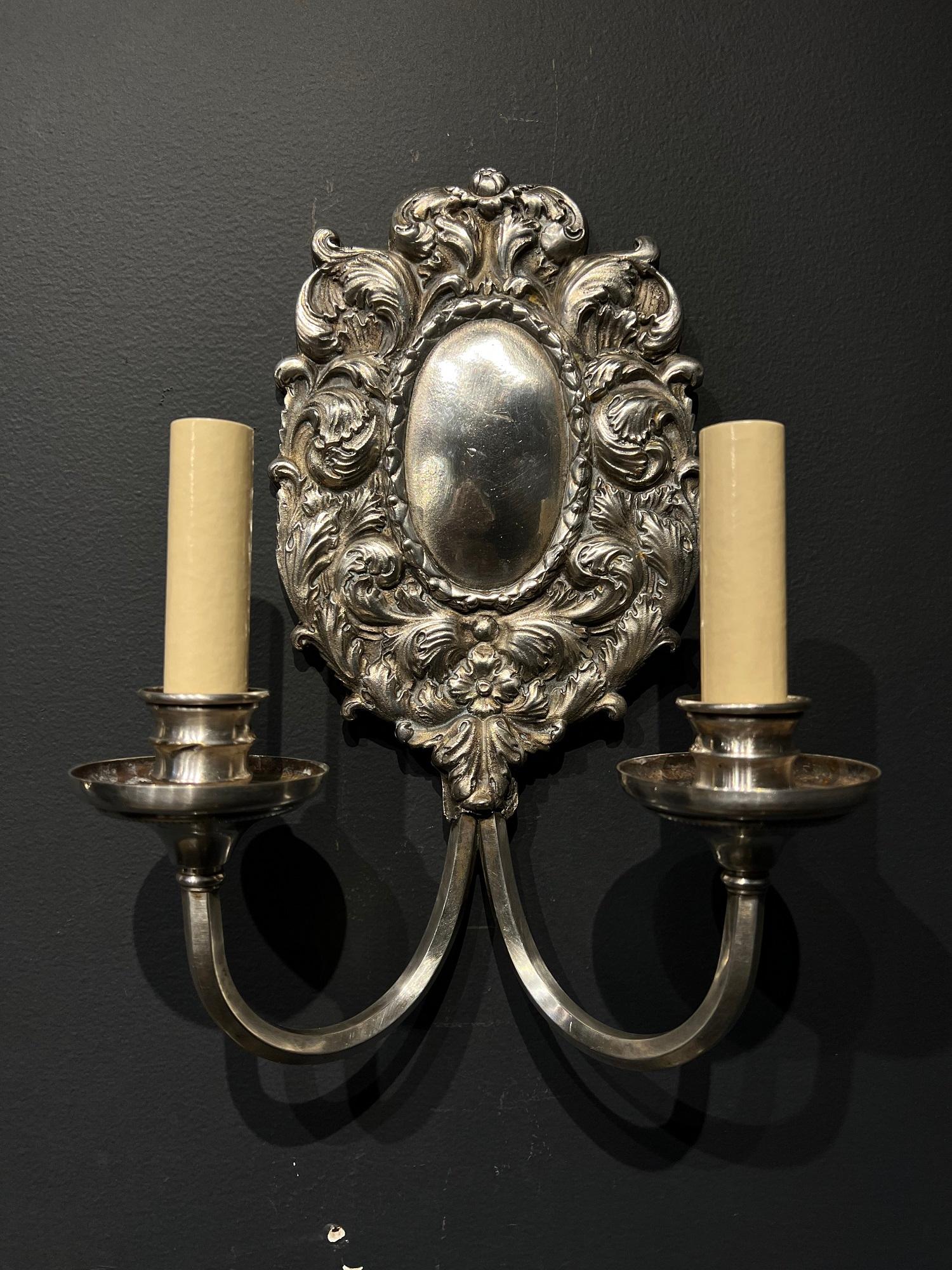 Pair of Caldwell Silver Plated Sconces In Good Condition In New York, NY
