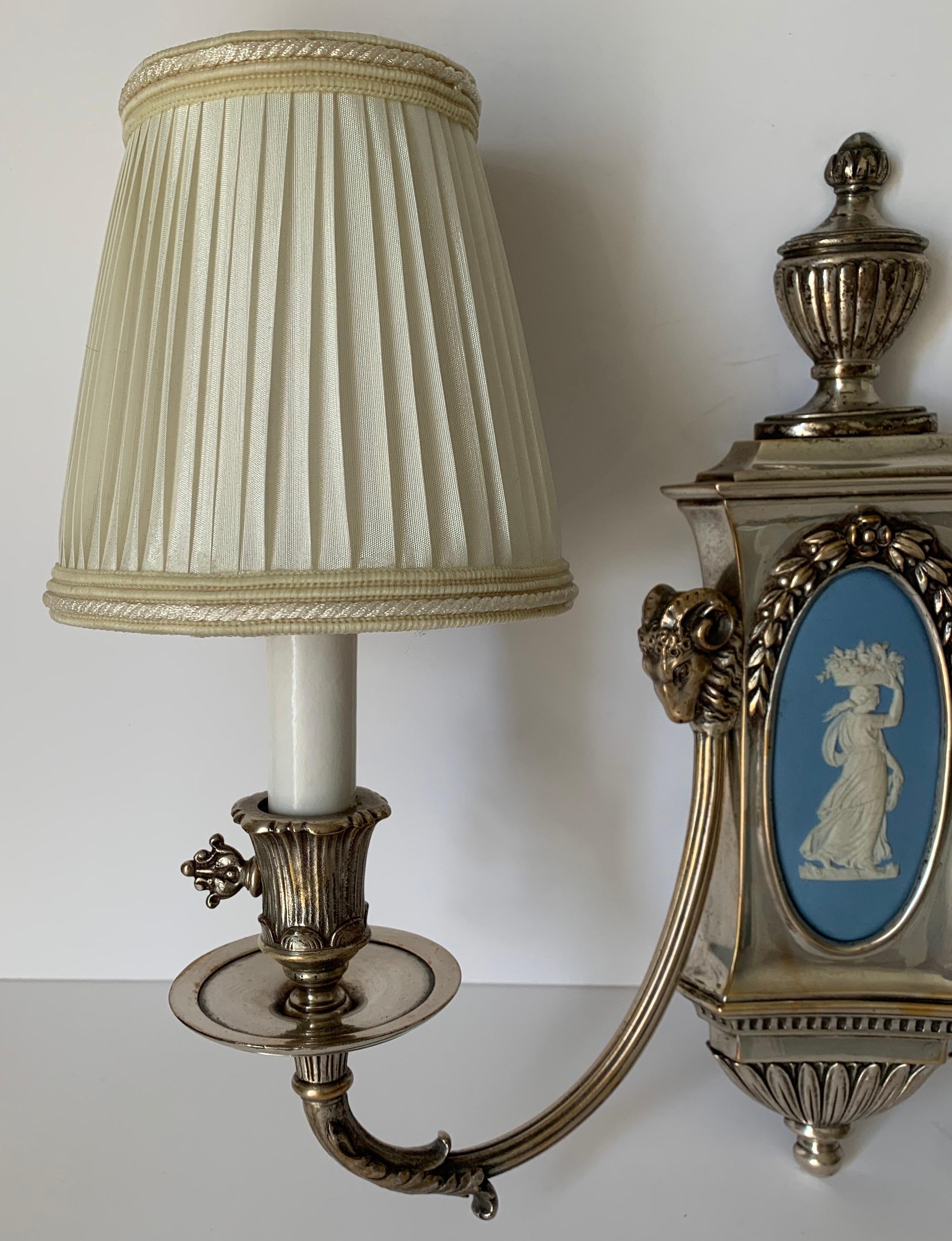 Neoclassical Caldwell Wedgwood Jasperware and Silver Plated Bronze Sconces For Sale