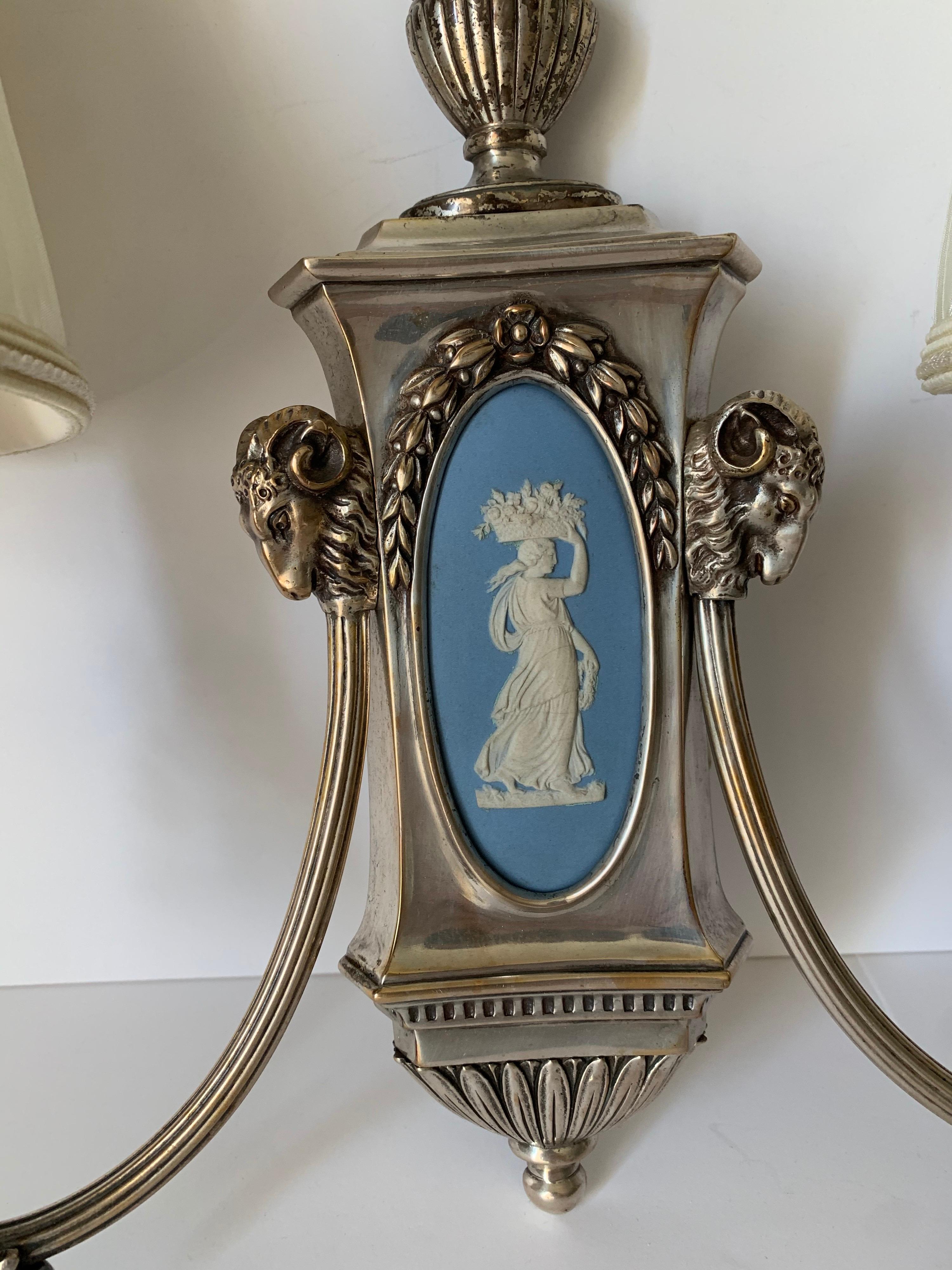 Silvered Caldwell Wedgwood Jasperware and Silver Plated Bronze Sconces For Sale