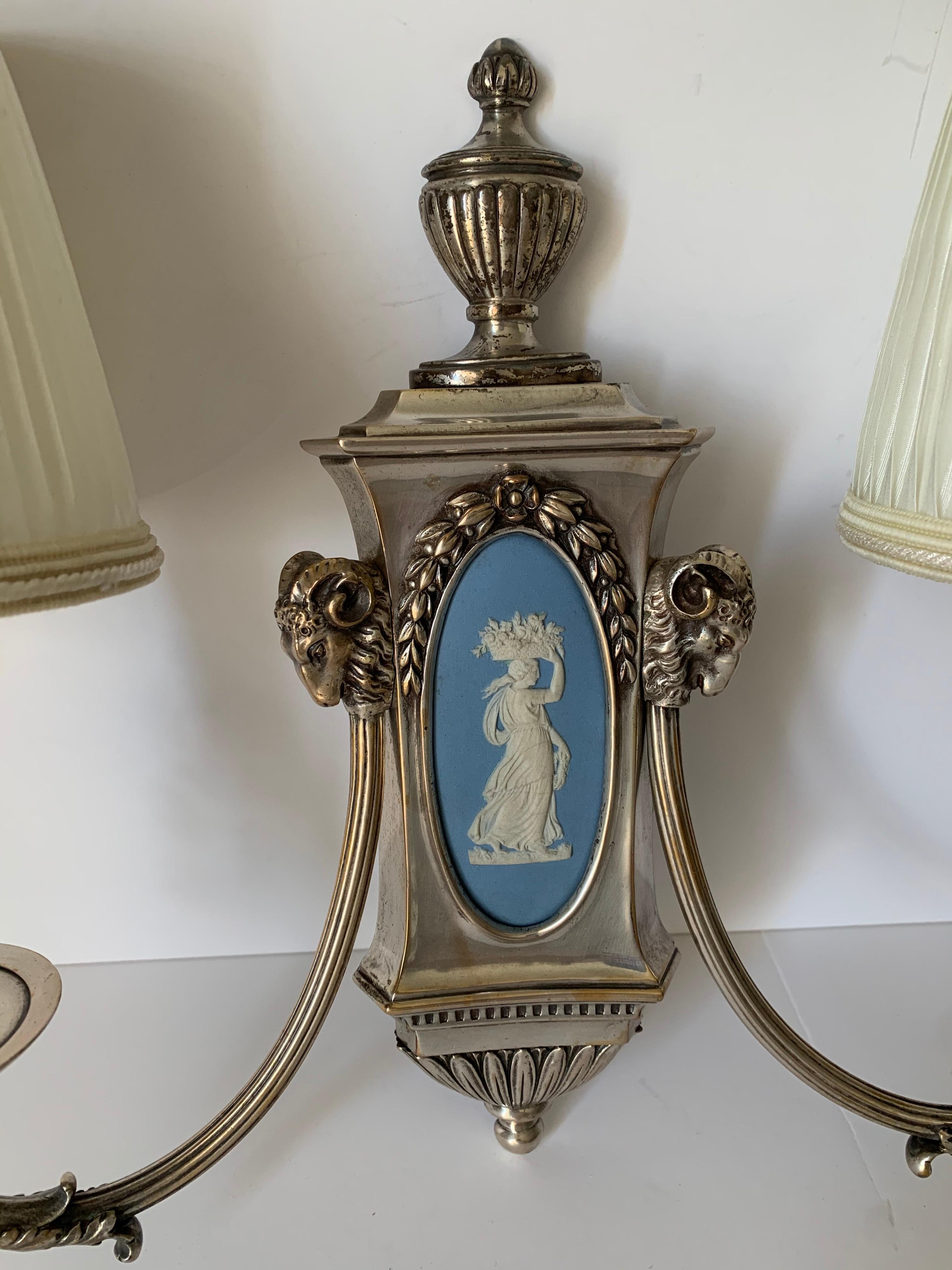 Caldwell Wedgwood Jasperware and Silver Plated Bronze Sconces In Good Condition In Stamford, CT