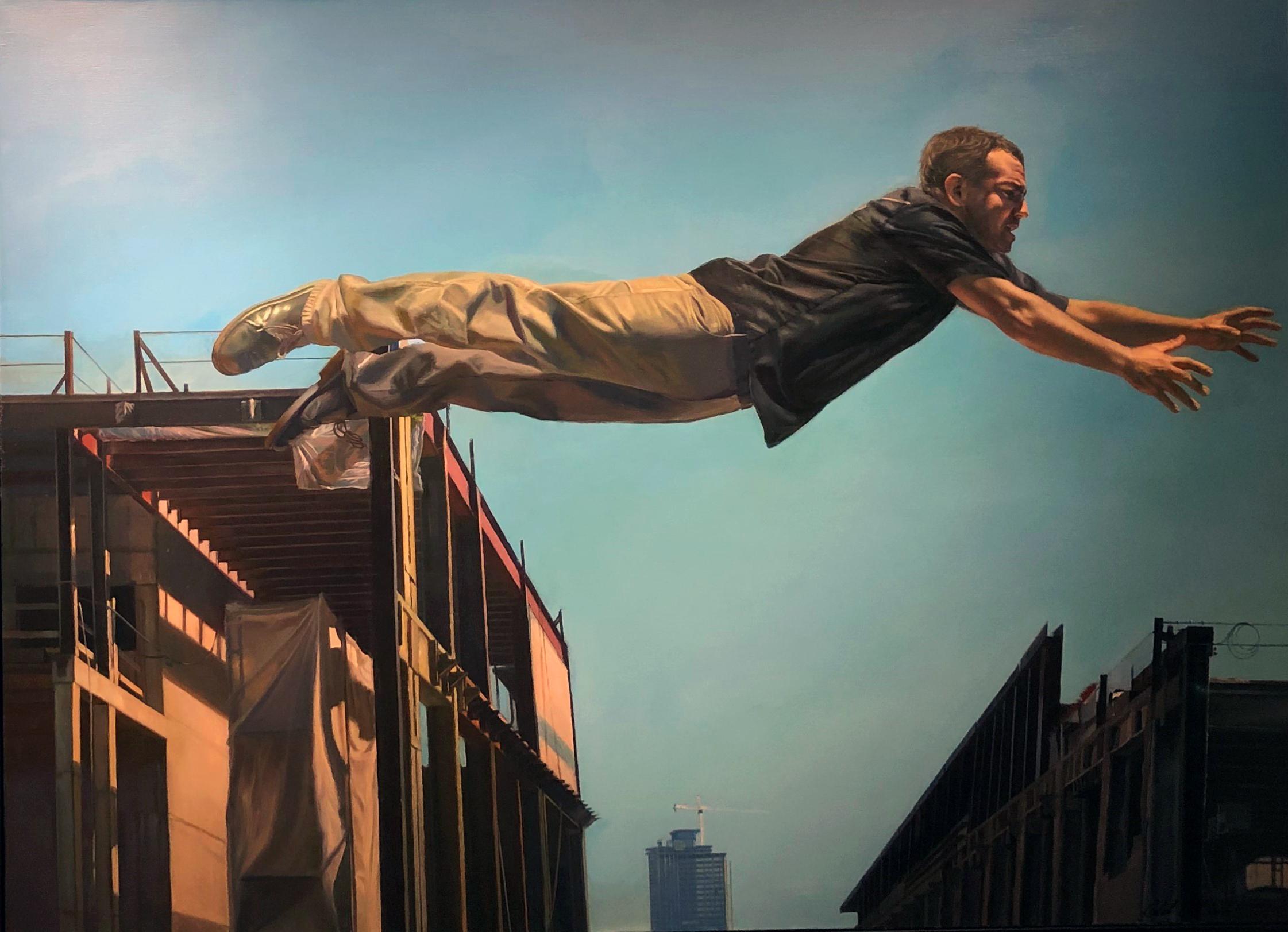 This is large scale painting by Caleb O'Connor captures the action and drama of a male figure leaping between buildings under construction.  Originally painted by Caleb circa 2007, this artwork was purchased by a collector and remained in that