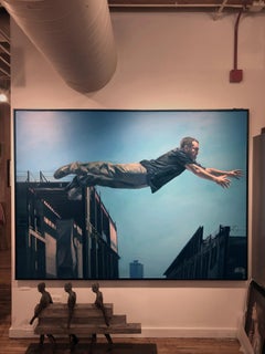 Persiguiendo el límite - Pintura al óleo a gran escala de un hombre saltando entre edificios